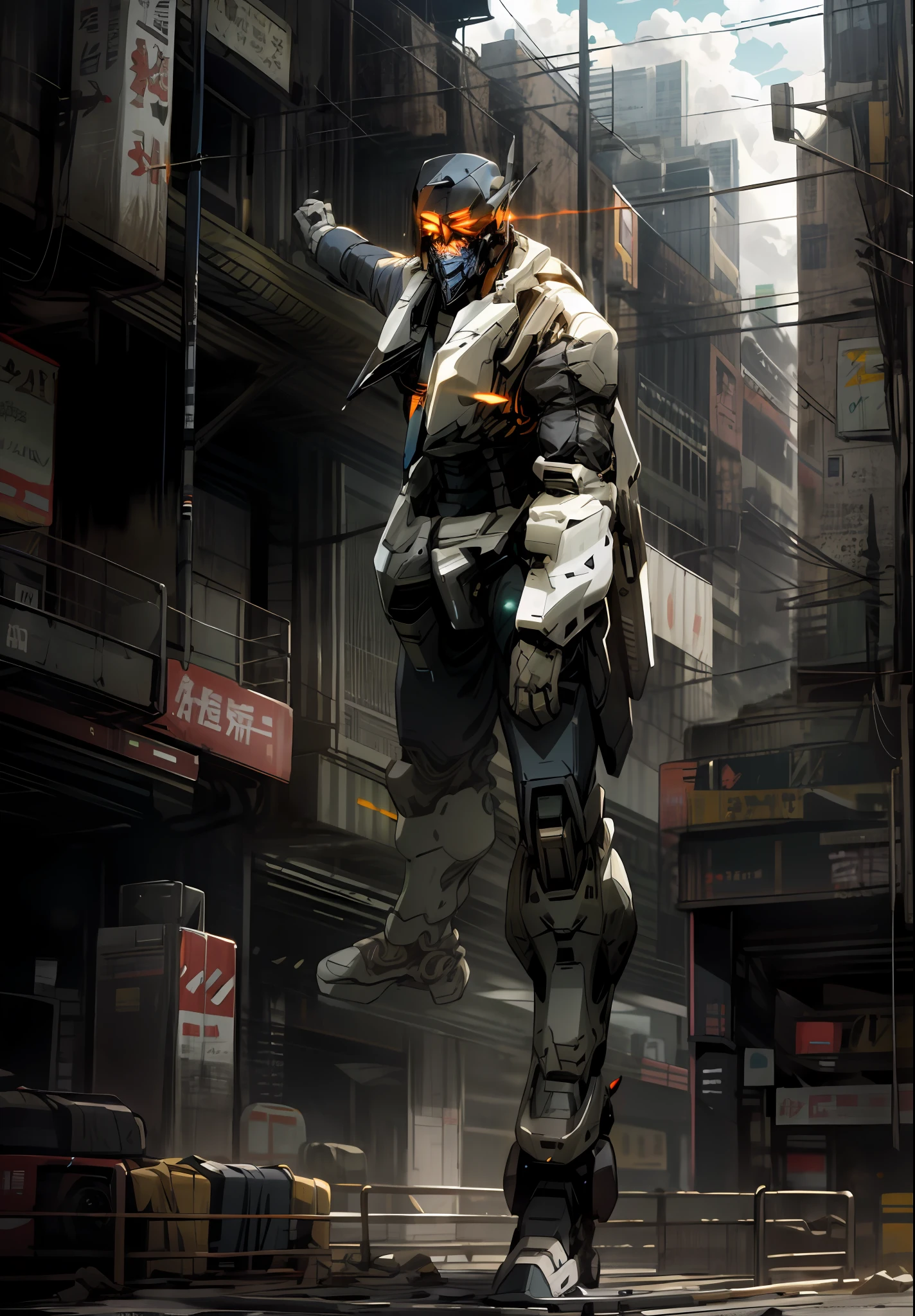 sky, cloud, holding_weapon, no_humans, glowing, , robot, building, glowing_eyes, mecha, science_fiction, city, realistic,mecha