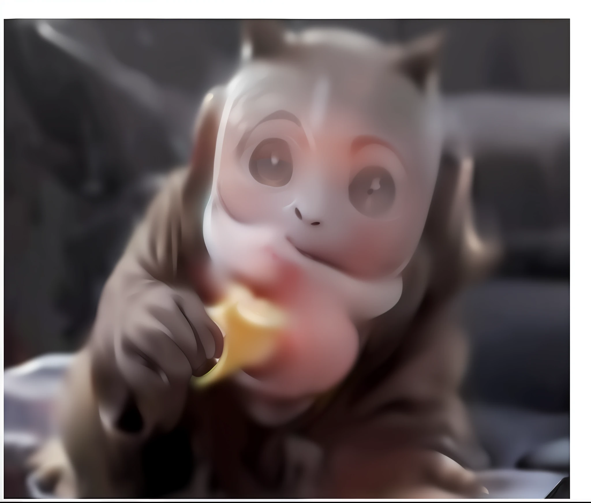 Aravi monkey with banana and cat face in its mouth, As a monkey, Monkey, macaque inside alien base, bored ape nft, She opened her mouth with a banana ,The expression was dull and stunned