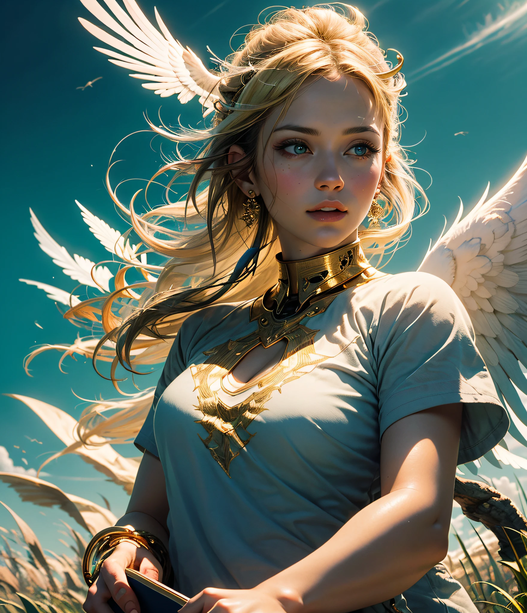 ((masterpiece, bestquality;1.3)), ultra-detail, Unity 8k Wallpapers, CG, illustration, colorfully, Movie Shadow, Very detailed and beautiful background..,VHD, VRay Shading,RTX,(Realistic:1.5),1girls, bara, Blonde Hair, Halo Angel, white smooth skin, Beautiful face with high detail, Exquisite Face, angel, Angel Dress Gold Details, glowing, Fluorescent lighting, A fairy woman holding a large book.., Look at the sky.., angel wings, body hair, grass, Large door with gold bar, ultra-detail, very realistic
