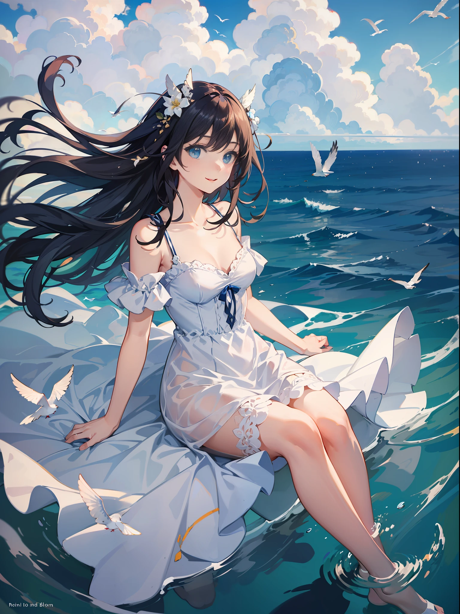 white dresses,depth of fields,Tilt forward,Floating hair,cabelos preto e longos,ssmile,exteriors,blue-sky,clouds,the ocean,seagulls,white stockings,lying in water
