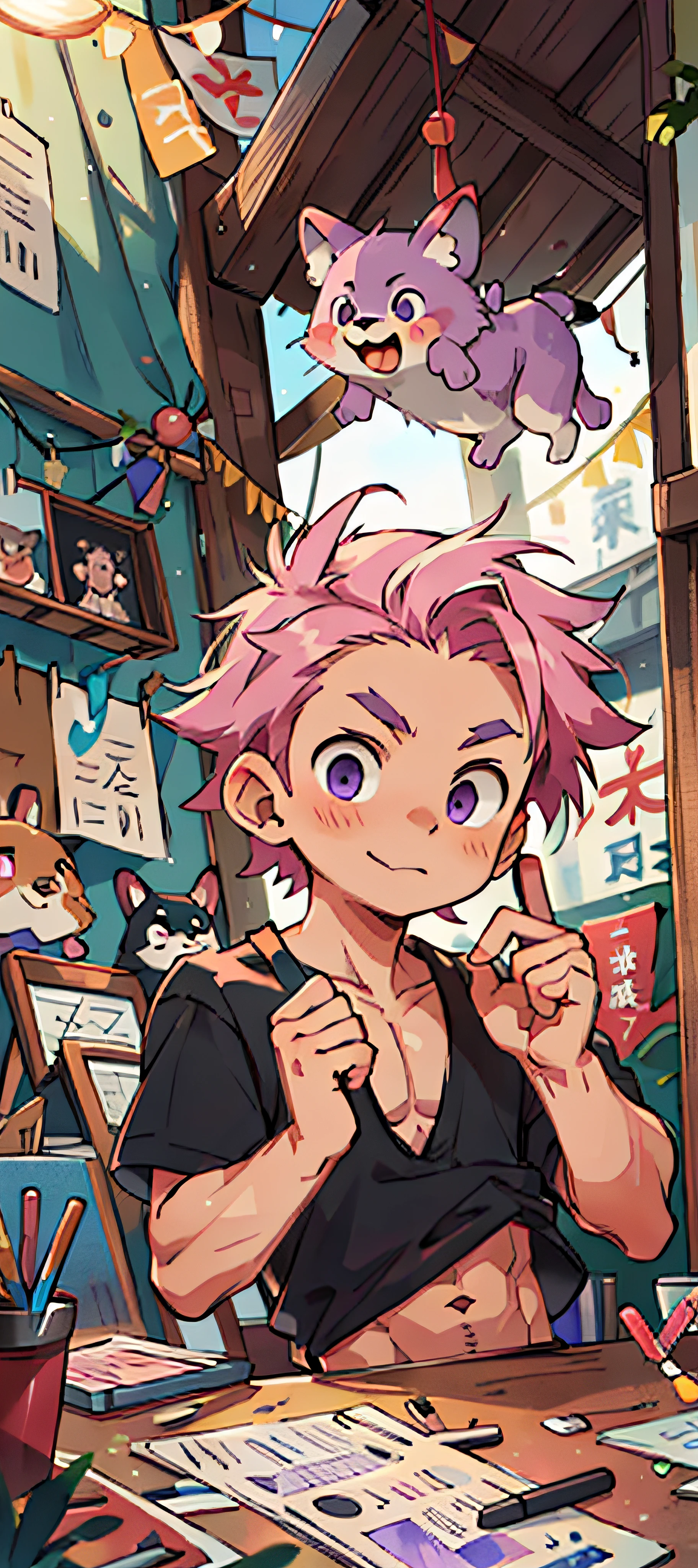 (tmasterpiece,Best quality at best,absurd res),1人,Cute little boy,Young age,Look at the audience,musculature,Detailed eyes,Light purple eyes,(nakeness),Short round face,Pectoralis abdominal muscles,Pink fluffy hair,Bare topless,Upper body body,(fluorescent light),(a color),((abstract backgrounds)),