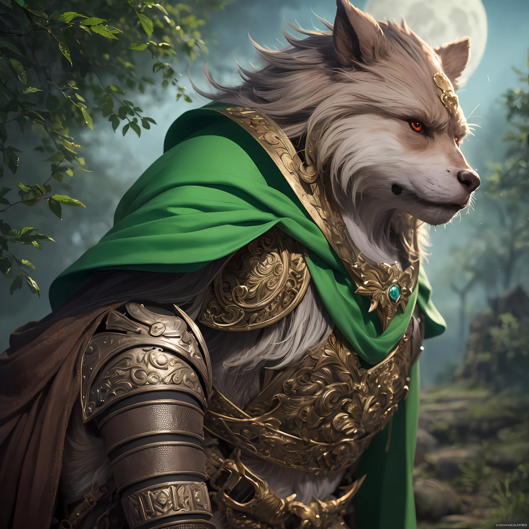 fantasy art, dnd art, (masterpiece:1.5), full body intricate details, highly detailed, best quality, highres, portrait of a male, bugbear(1.6, fantasy art, Masterpiece, best quality) bugbear, (fantasy art, Masterpiece 1.6, best quality), human like features, ranger, with a short brown hair, green eyes, (fantasy art, Masterpiece, best quality)armed a gun, wearing a green cloak, wearing studded leather armor (fantasy art, Masterpiece, best quality), in fantasy setting forest at night, moon, clouds, soft light, high details, best quality, highres, 1080P, 8k, anatomically correct, photorealistic