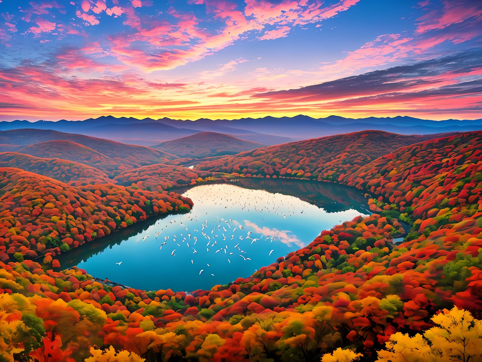 Beautiful autumn view。In this scenario,Sunset,The glow in the sky stained the entire sky red。Flocks of birds fly in flocks,A spectacular sight is formed。They soar through the air,Echoing each other,There is not a single lone bird。And on the horizon,A clear autumn water meanders,Blend in with the color of the sky。The whole scene presents a harmony、peacful、Magnificent atmosphere。