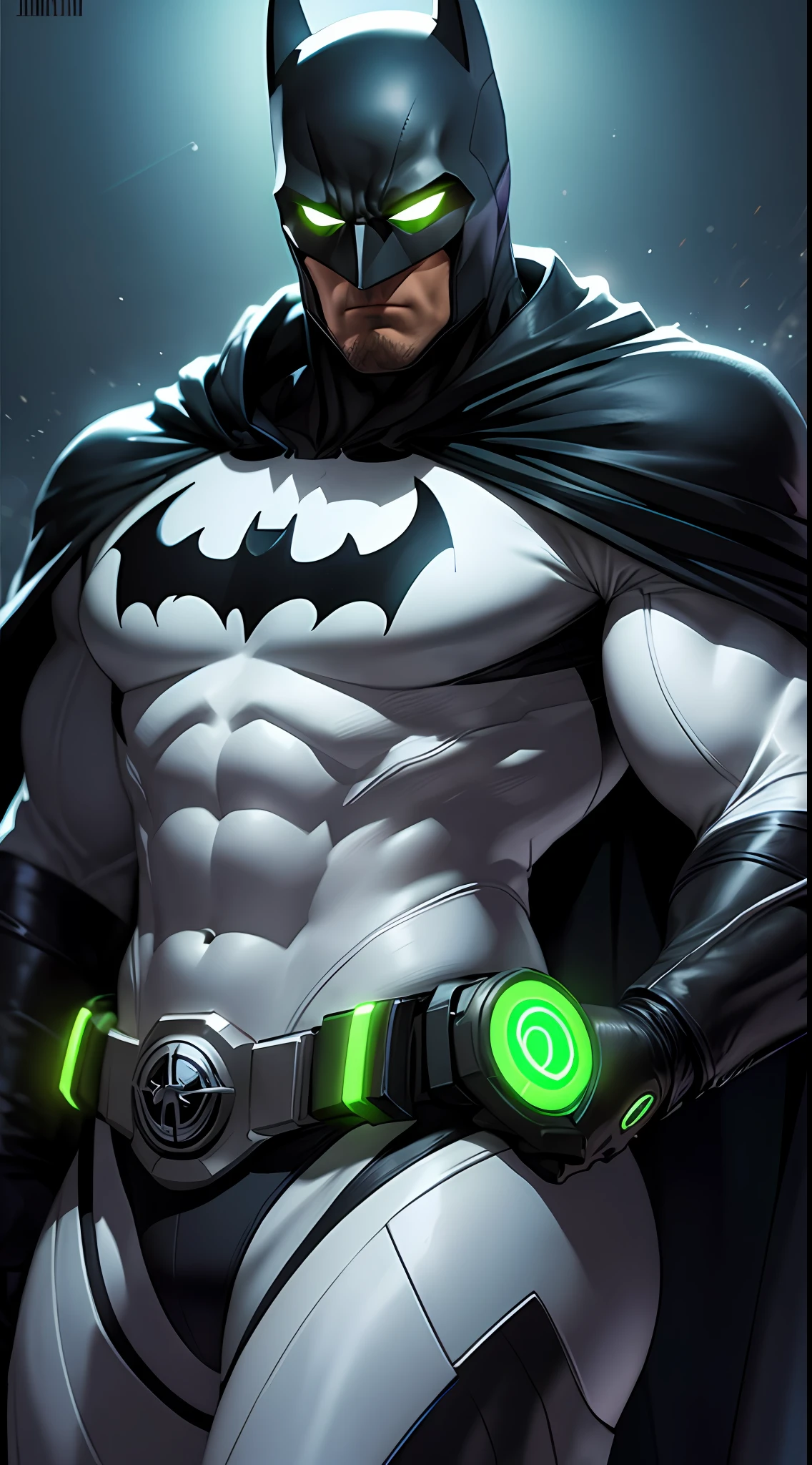 Batman,macho, tall, hunk, muscular, black and neon white suit, neon green details on the suit, best quality, masterpiece, long black cape, short ears on the helmet, white eyes, no pupils, serious face, ultra detailed suit, detailed face, powerful pose, best quality, high resolution:1.2, dark grey ultility belt, night, dark atmosphere, flowing cape, award winning, shadow, volumetric lighting