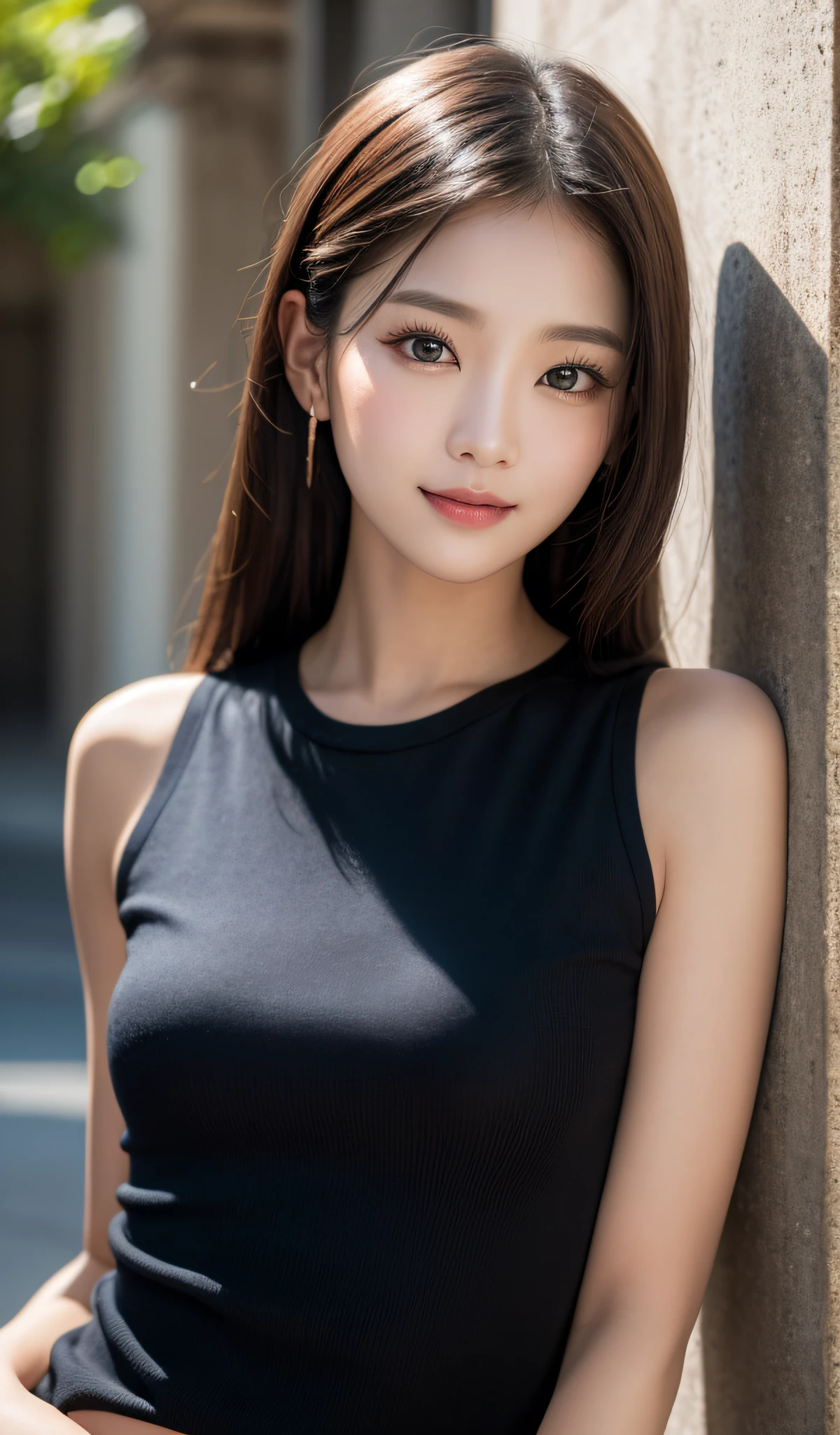 ((best qualtiy、8k masterpieces:1.3))、foco nítido:1.2、(ultra beautiful faces:1.0)、(Slender Abs Beauty:1.0)、(shinny skin:1.0)、photos realistic、A dark-haired、Video Lighting、High-definition eyes and face、Video Lighting、(cowboy shot:1.3)、swim wears、(Korean Cute Actress)、from the front side、medium large breasts、A slight smile、Sleeveless