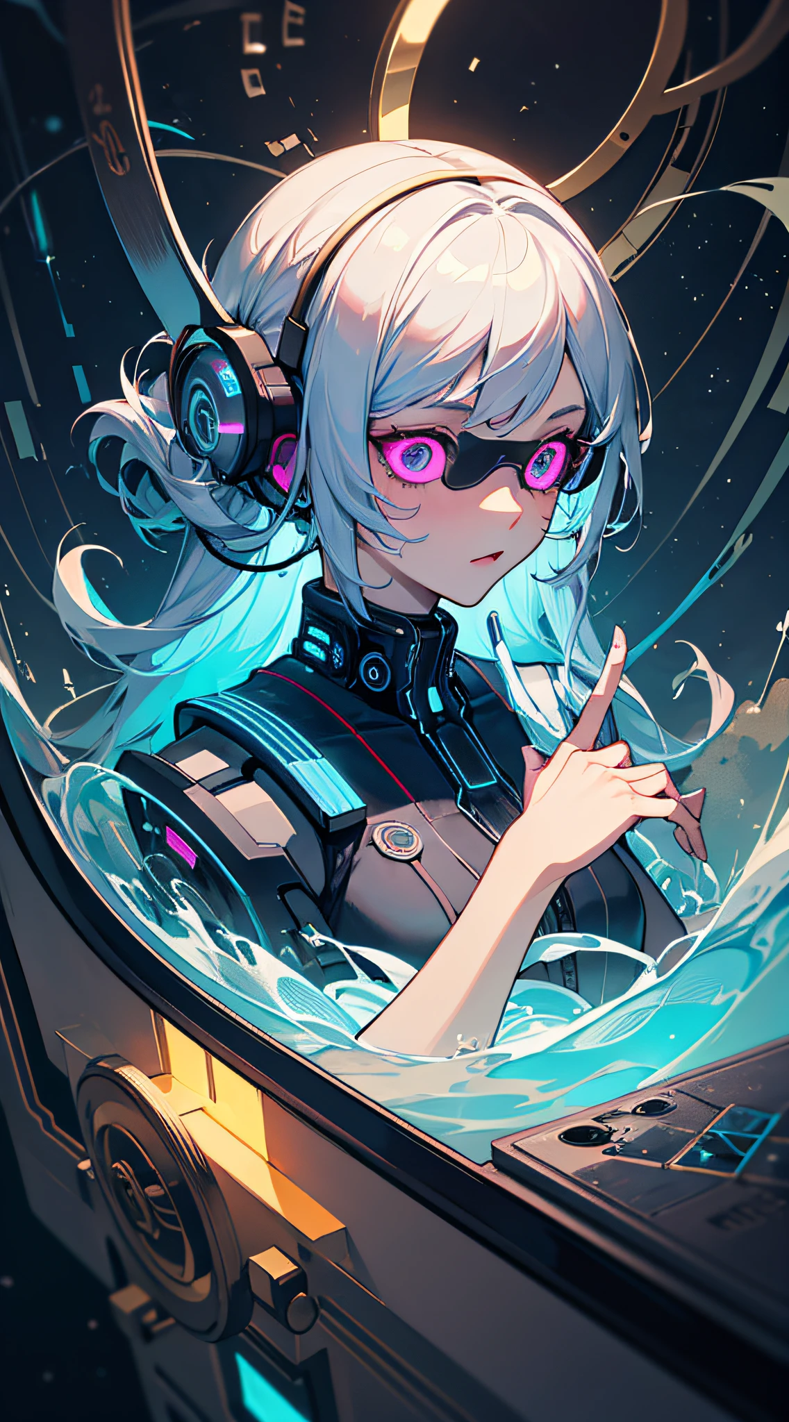 ((tmasterpiece)), ((ultra - detailed)), ((best qualtiy)), 美丽细致的眼睛, Detailed face, The best lighting, The best shades, 1 rapariga,独奏, ((cyber punk style, edge lit, machine arm,Hologram aura,Surreal Science Fiction Art,Future Science Fiction Aesthetics,Flat 2D style)), ((The main colors are purple and green)), Huge light bulb, (Girl inside the screen:1.5),Mobile Paradise,Orange bulb,A world made up of mobile phones,Gamepad,VR glasses,Virtual screen, freckle, Cold nose, (((Buble))), illustration,japanese inspired, (highly detailed), Whirlpool effect,