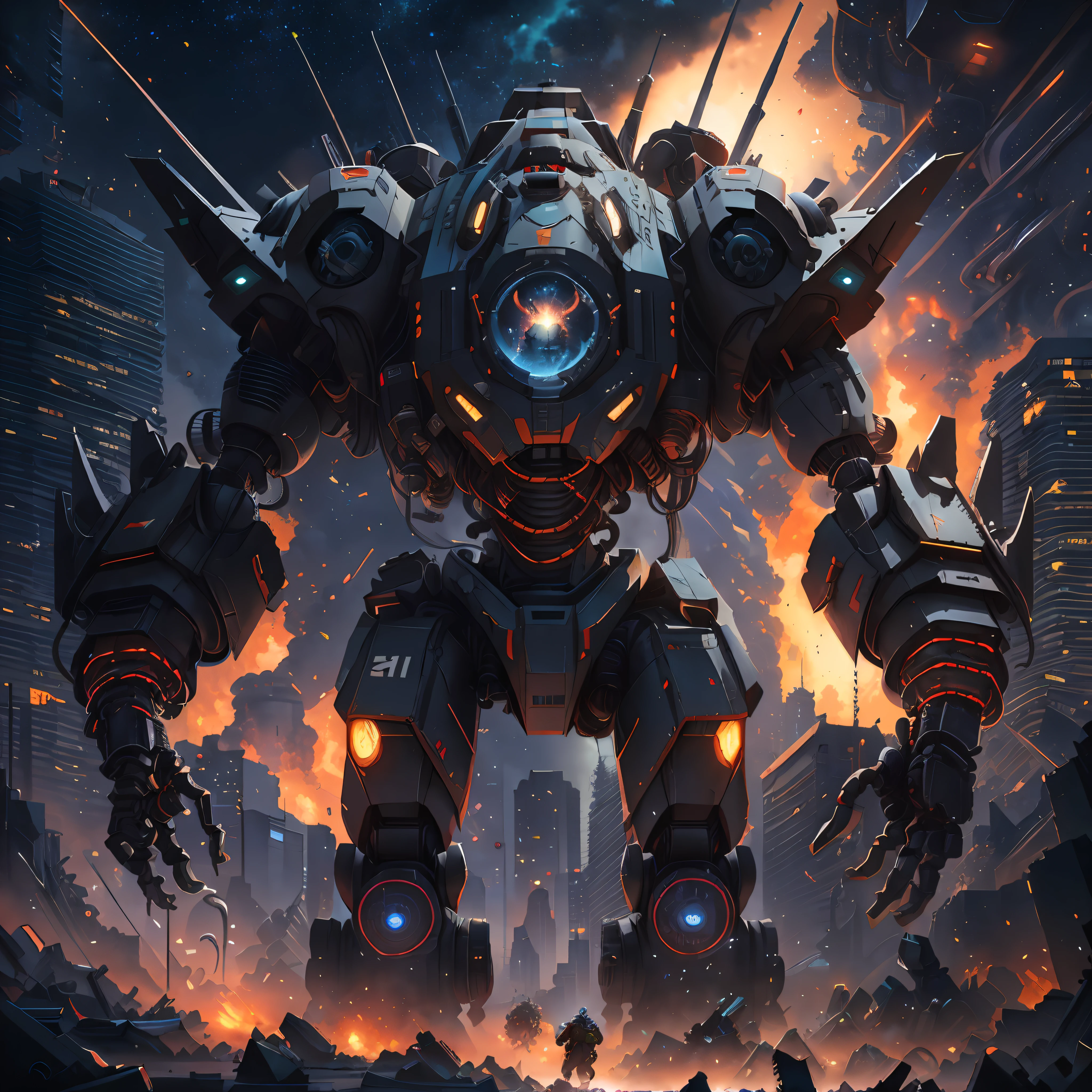 There is a robot standing in front of the city, mecha art, Alexander Ferra Mecha, 4k highly detailed digital art, 4K detailed digital art, Mecha Inspiration, comic book style battlemech, tremendous mecha robot, broken ruin pacific rim jaeger, dan munford. 8 k octane render, mech robot futuristic