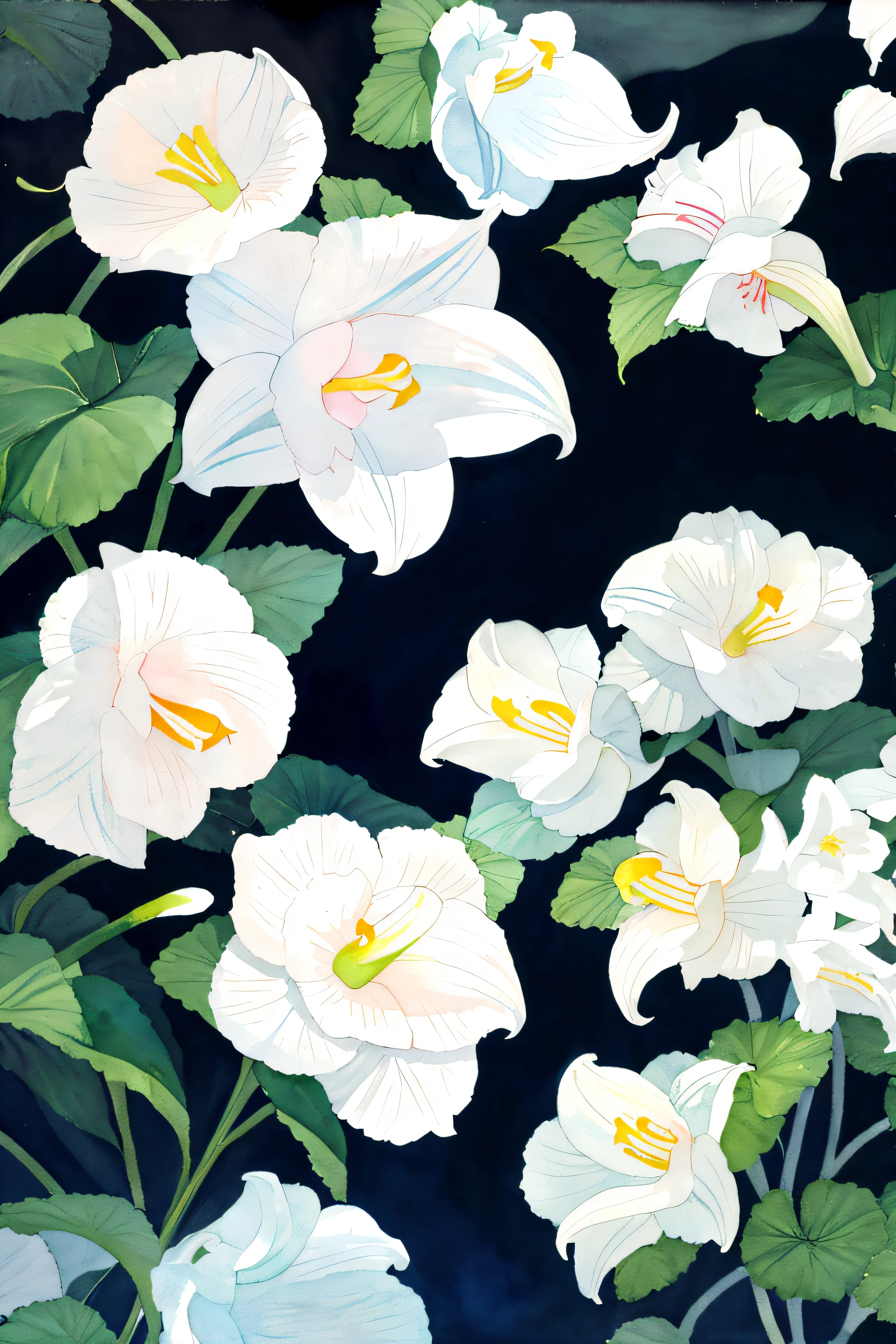 (watercolor:1.2)jasmine,Close-up of large flowers,Small flowers,Grow naturally,White jasmine,tree branch,foliage
