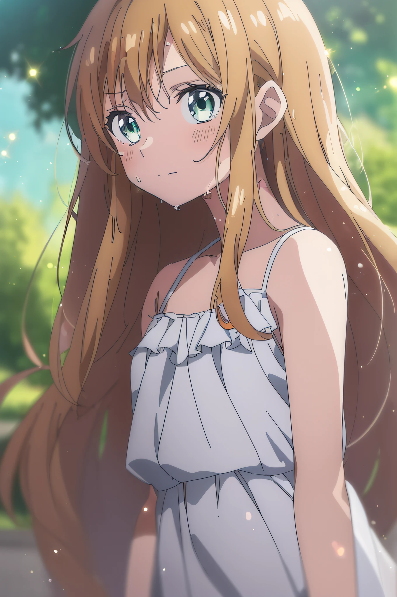 (top-quality,animesque,Anime Art Style,:1.5), Slender 13 year old girl, Sweating,summer  dress,Looking away,Sleeveless,Shines,Particles of light、nice angle、