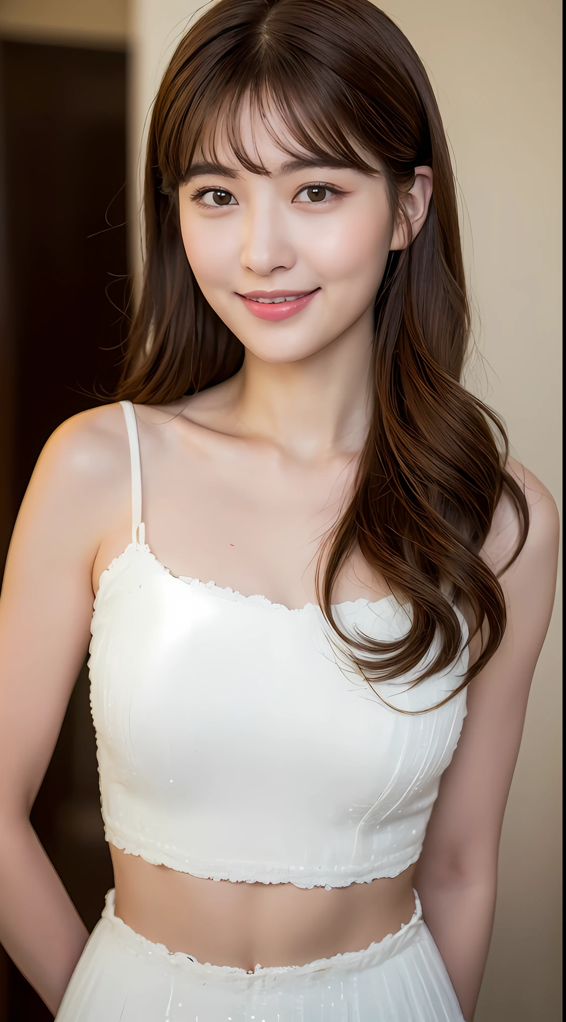((Best Quality, 8K, Masterpiece: 1.3)), 1 Girl, Slim Abs Beauty: 1.3, (Hairstyle Brown Hair Shortcut, Big: 1.2), Dress: 1.1, Super Slender Face, Delicate Eyes, Double Eyelids, Smile, Home, Raw Photo