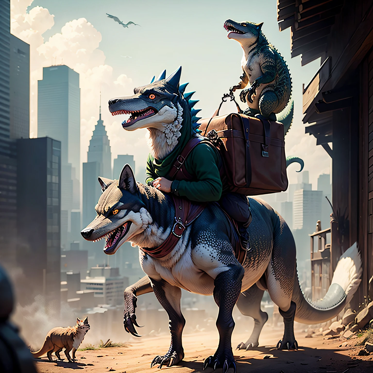 Dinosaurs carrying wolves on their backs,Domineering,mighty,Hunting moments,Pinnacle showdown。 --auto
