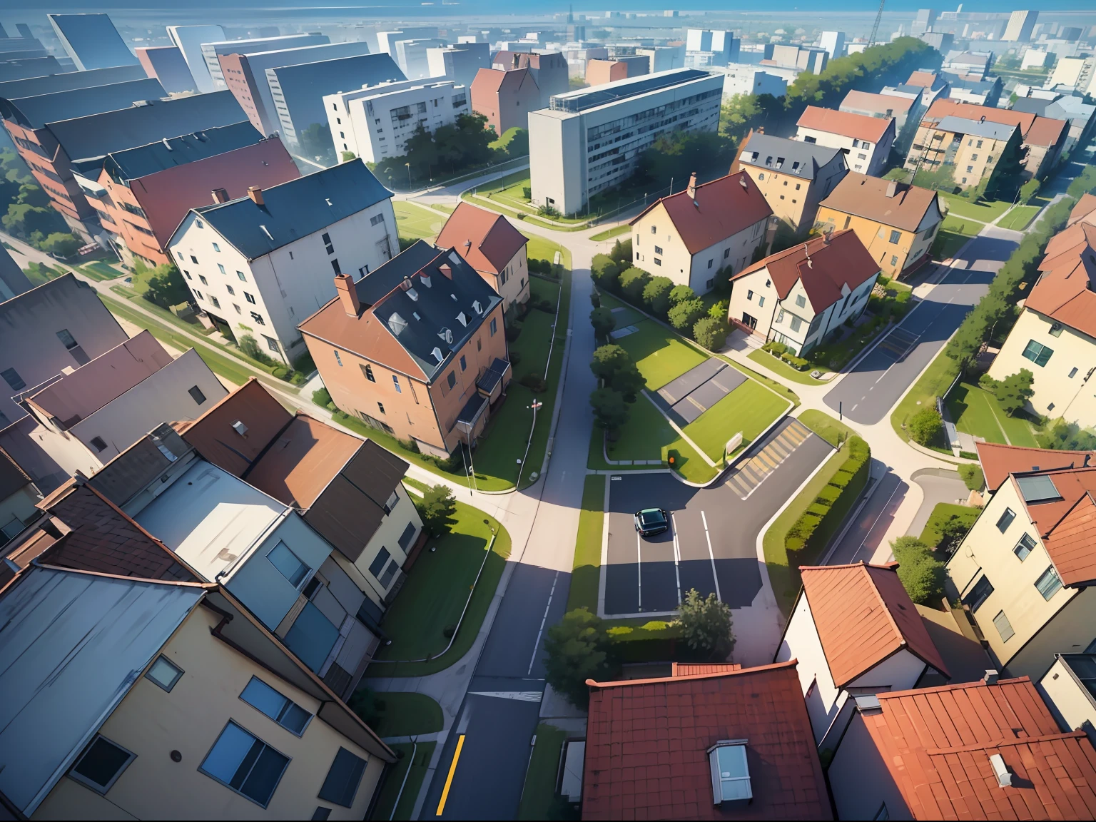 Ultra-detailed(superdetailing)、Top image quality、masterpiece(Masterpiece) Large-area 2D map, overlooking the entire residential street in the town from the rooftop of a high-rise building, Realistic lighting and detail,The stereoscopic effect is weak,The terrain is clear,Colorful and vibrant,the view includes the entire low-rise complex of the town, including public facilities. (Building + street view + high quality + colorful vitality: 1.5 + rarity: 1.2)