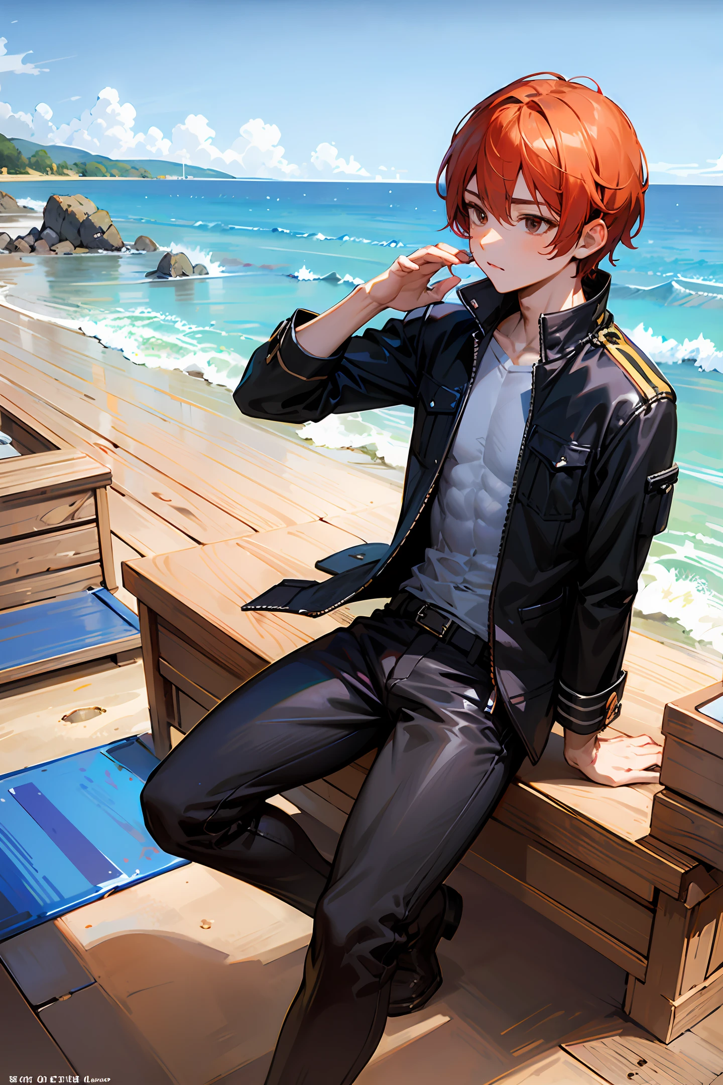 masterpiece, best quality), 1man, musculous, short detailed hair, with brown eye, 复杂, (dress room), full bodyesbian, White baseball uniform, Open red jacket, vivd colour,(depth of fields:1.2),(abs),Be red in the face，looking at viewert，A piano，spread their legs，