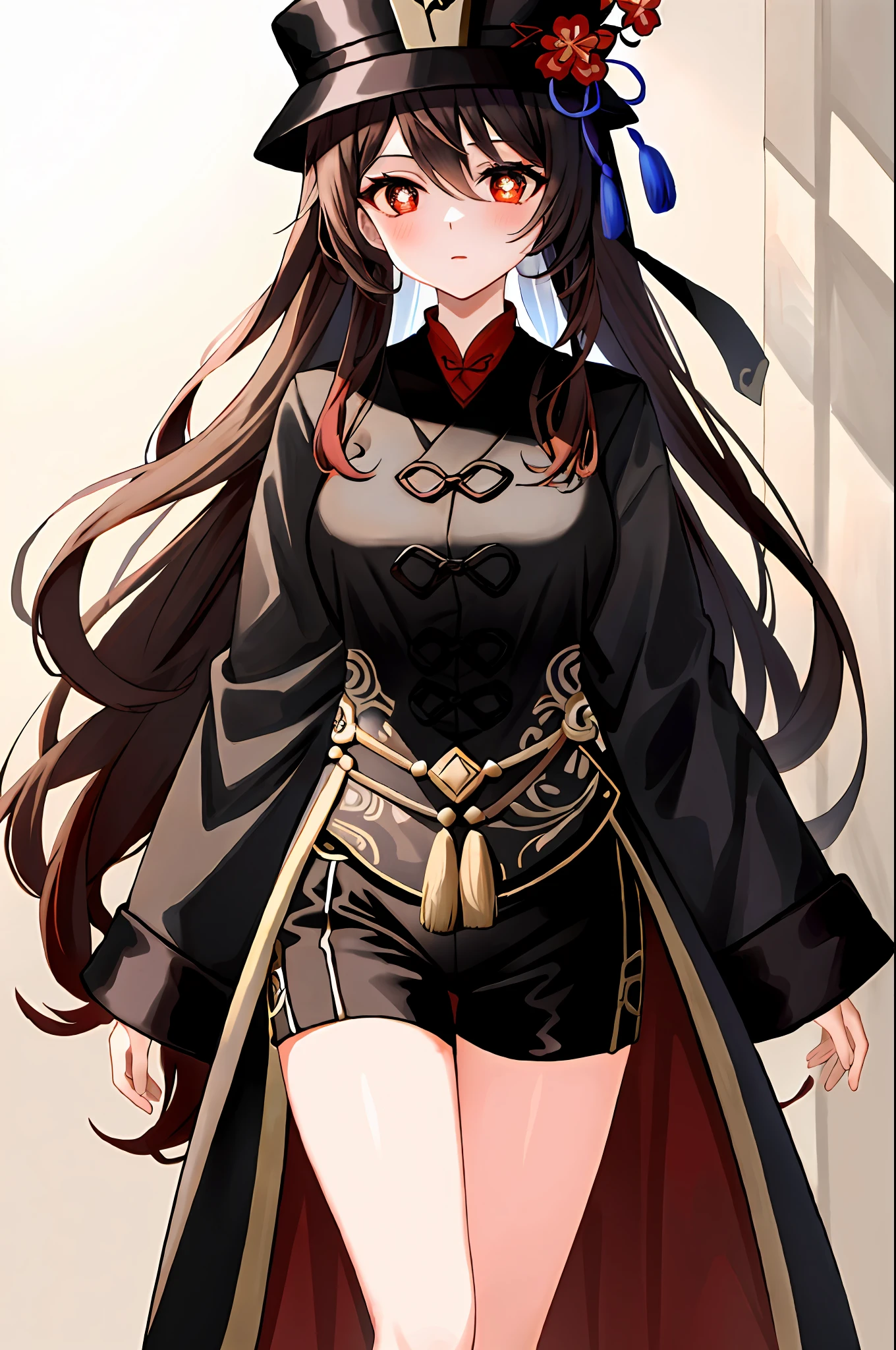 tmasterpiece，Need，1girl，hu tao（the original god），Hats，red - eyed，dual horsetail，A brown-haired，独奏，symbol-shaped pupils，long whitr hair，By bangs，Black shorts，Hanfu，black lence stockings，Bigchest