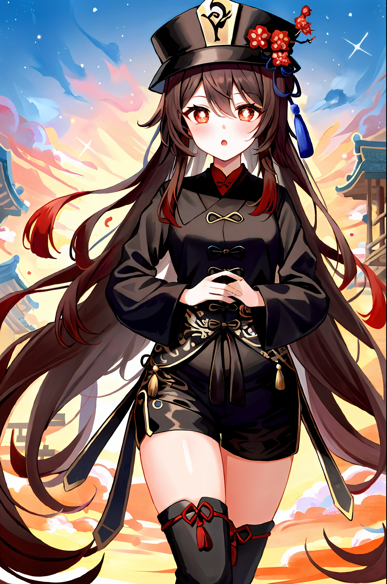 tmasterpiece，Need，1girl，hu tao（the original god），Hats，red - eyed，dual horsetail，A brown-haired，独奏，symbol-shaped pupils，long whitr hair，By bangs，Black shorts，Hanfu，black lence stockings，Bigchest