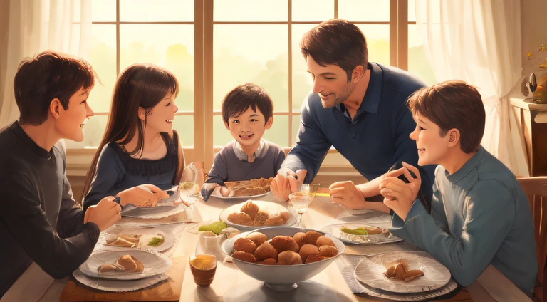(high high quality),Warm and fun family party scene,(main body:Middle-aged couple),(Small animals,younge boy),natural soft light,Positive perspective,Vivid and natural expressions and movements,Clear and delicate details。(Similar to the painting style:aquarelle,sketching)。 --auto