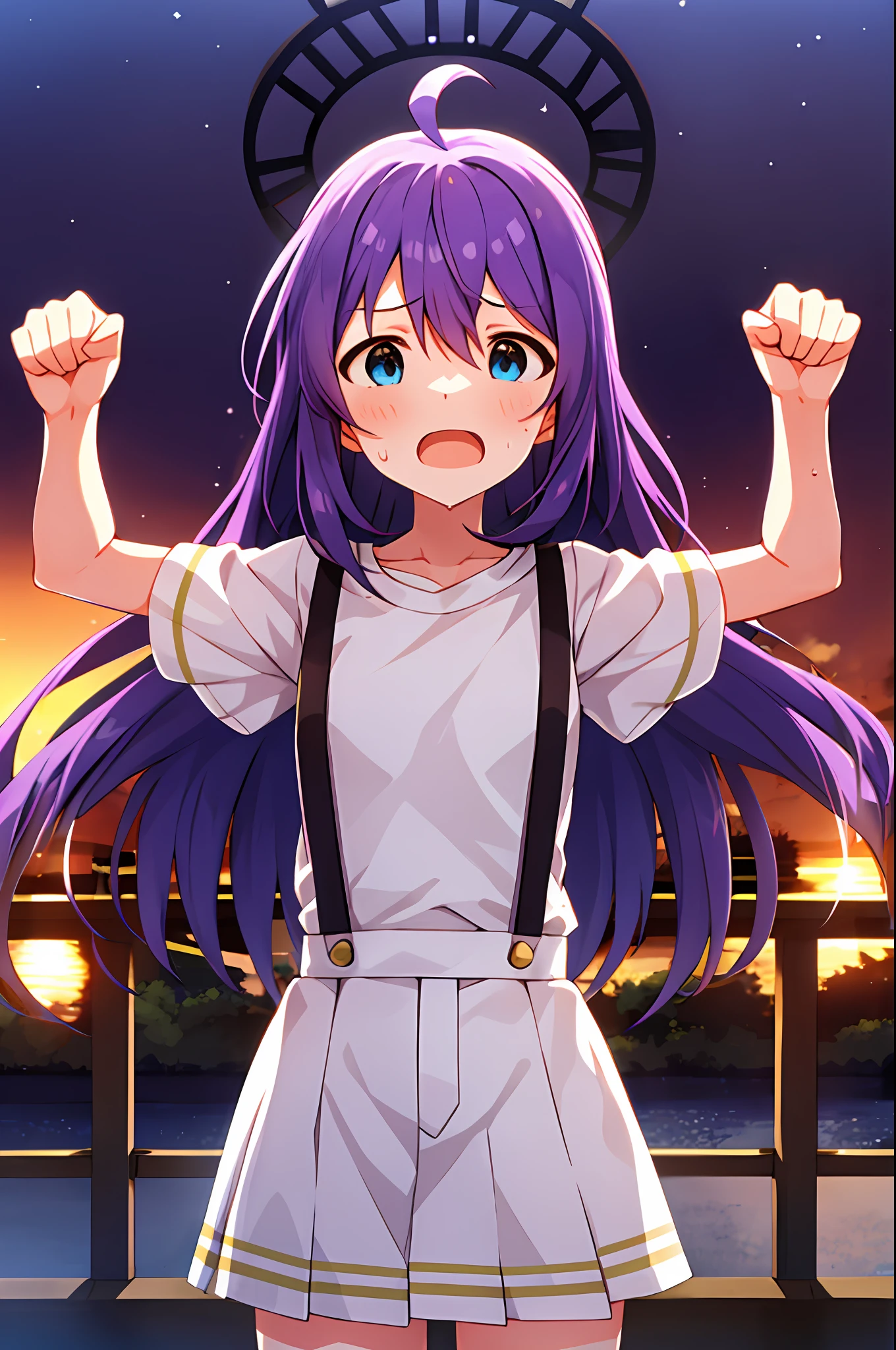 mochizuki anna,1girl in,Solo,Long hair,Purple hair,Small_Ahoge,Blue eyes.Short stature.white t-shirts.suspenders.Skirt.Evening glow.the setting sun.Spread your arms.Despair face.Sweat.Opening Mouth.clench your fists.up chest.