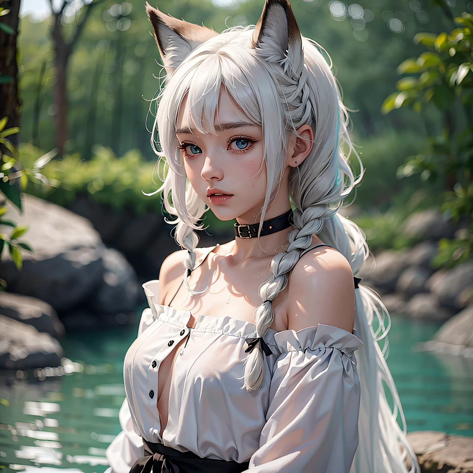 ((4k,masterpiece,best quality)), shuimobysim, Traditional chinese painting, lotuses, Hanfu, maxiskit, dress conservatively 1 girl, 独奏, whaite hair, long whitr hair, fox ear, white colors, 比基尼, The fish, Many fish are close to the girl, looking at viewert, Titillating,perspire,Incontinence,Tears welled up,Clothes are shabby