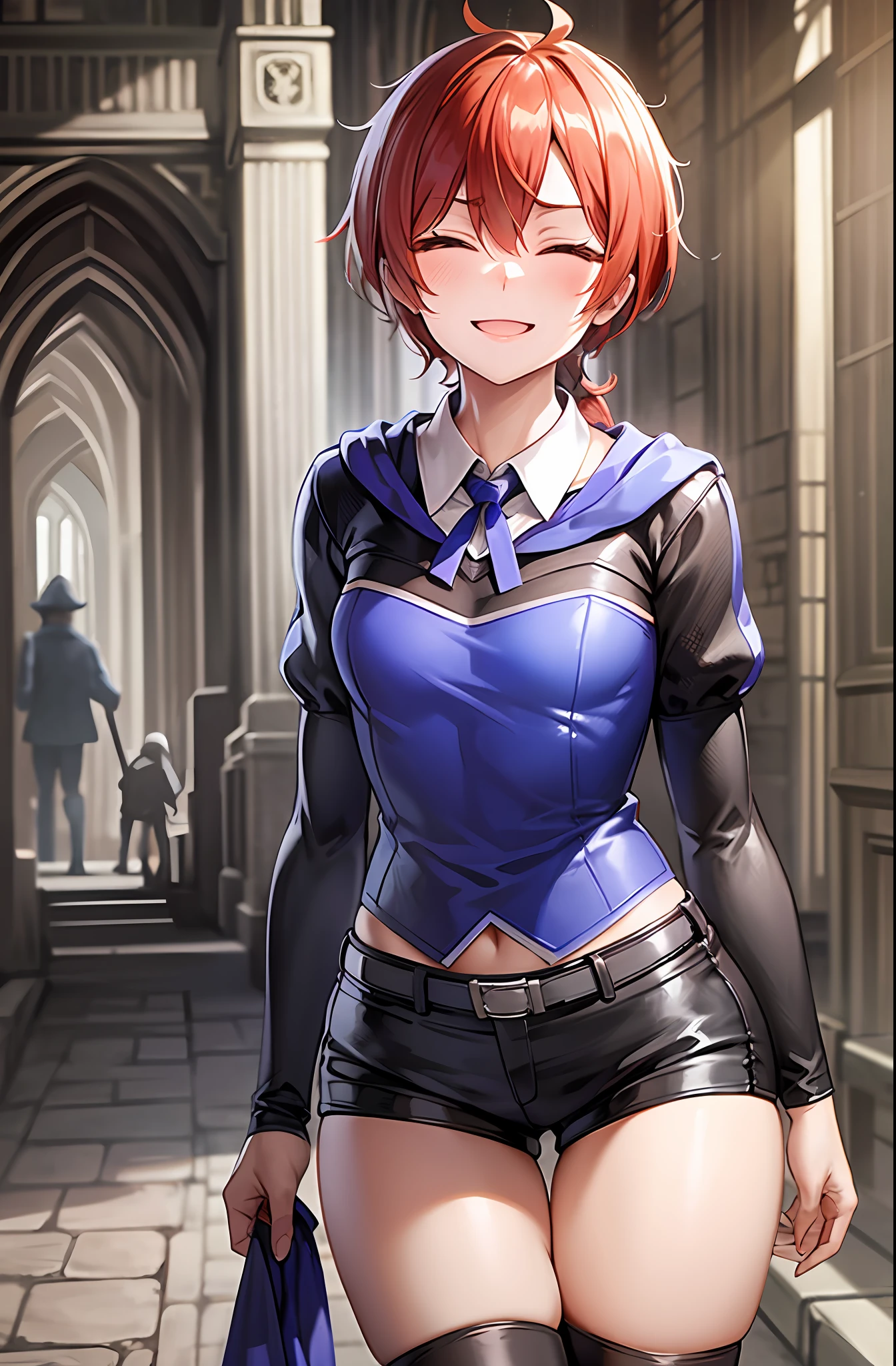 tmasterpiece, beste-Qualit, 1girl, 独奏, stocklings, redhead hair, covered eyes, Short Hair Hair, collared white shirt, Short shorts, wide thighs, ssmile, knee boots, black stockings, Walking, cowboy shot, dutch angle, En plein air, Medieval times, long sleeves, From Bottom