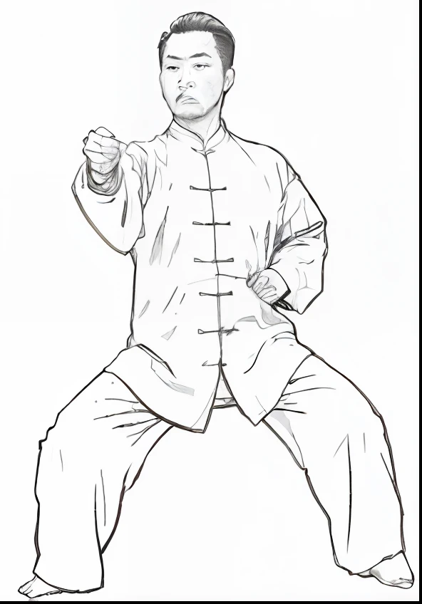A drawing of a man's martial arts pose, martial art pose, Fighting stance, Fighting posture, fightingpose, Fighting posture, in a fighting stance, karate stance, inspired by Shen Quan, in a fighting pose, fighter pose, Fighting posture, inspired by Liao Chi-chun, doing martial arts, inspired by Ma Quan, serpentine pose gesture