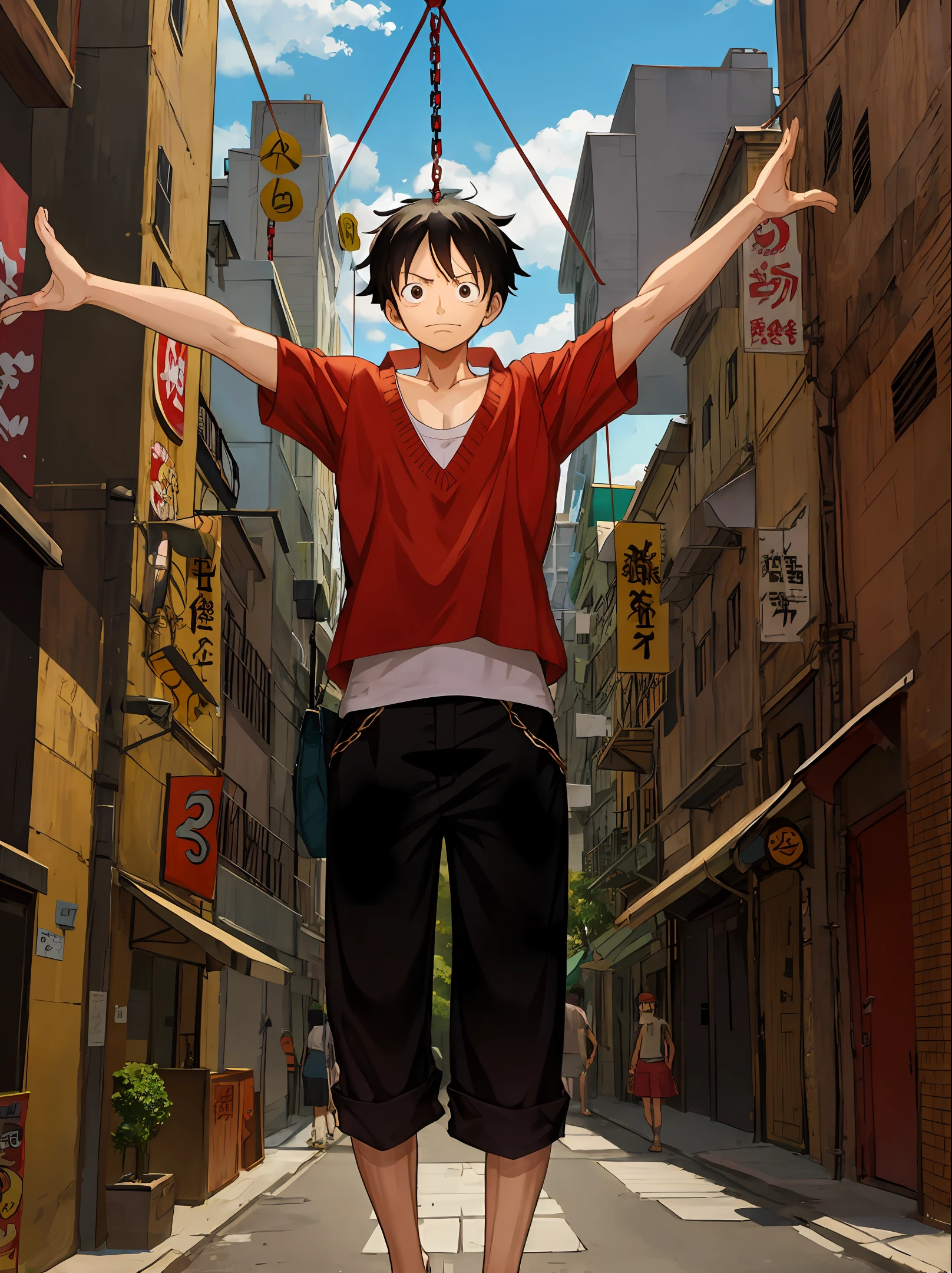 Luffy stretches his arms around the city and swings