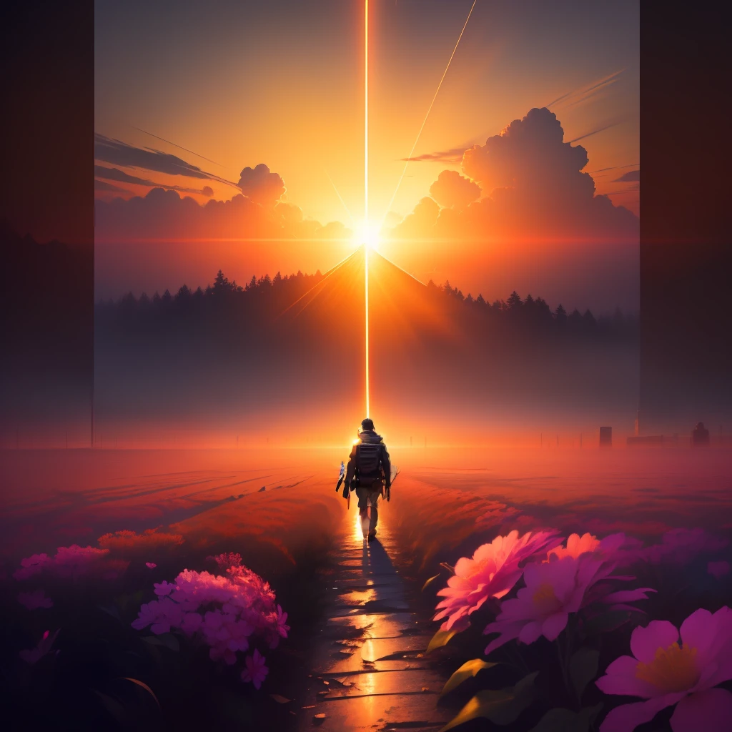 He carries a long 1 on his back.The knife 2 meters wide and 20 cm walked towards the sad scene of the sunset,HD8K,sense of strength