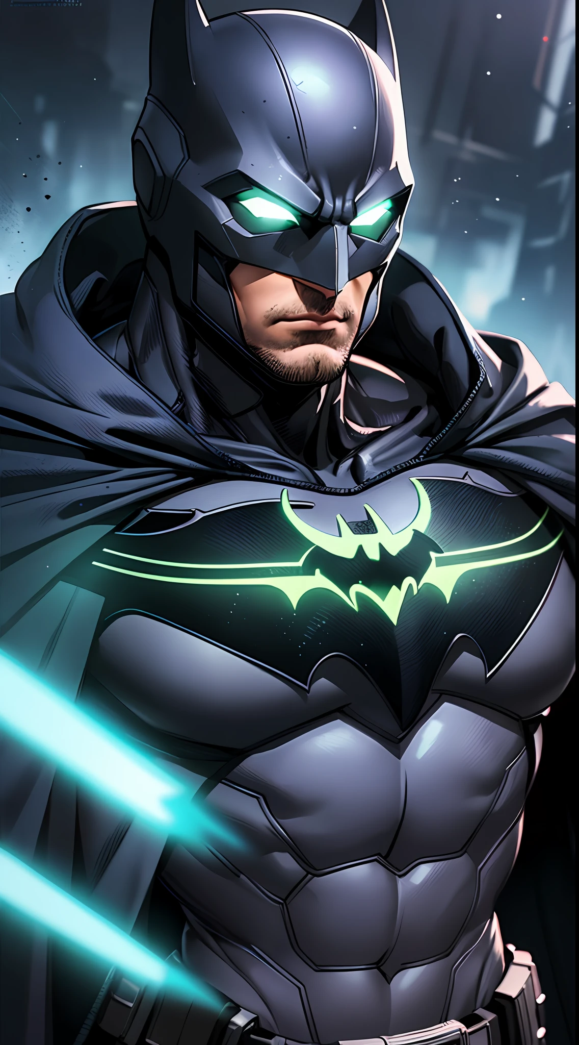 Batman,macho, tall, hunk, muscular, black and neon purple suit, neon green details on the suit, best quality, masterpiece, long black cape, short ears on the helmet, white eyes, no pupils, serious face, ultra detailed suit, detailed face, powerful pose,  best quality, high resolution:1.2, dark grey ultility belt, night, dark atmosphere, flowing cape, award winning, shadow, volumetric lighting