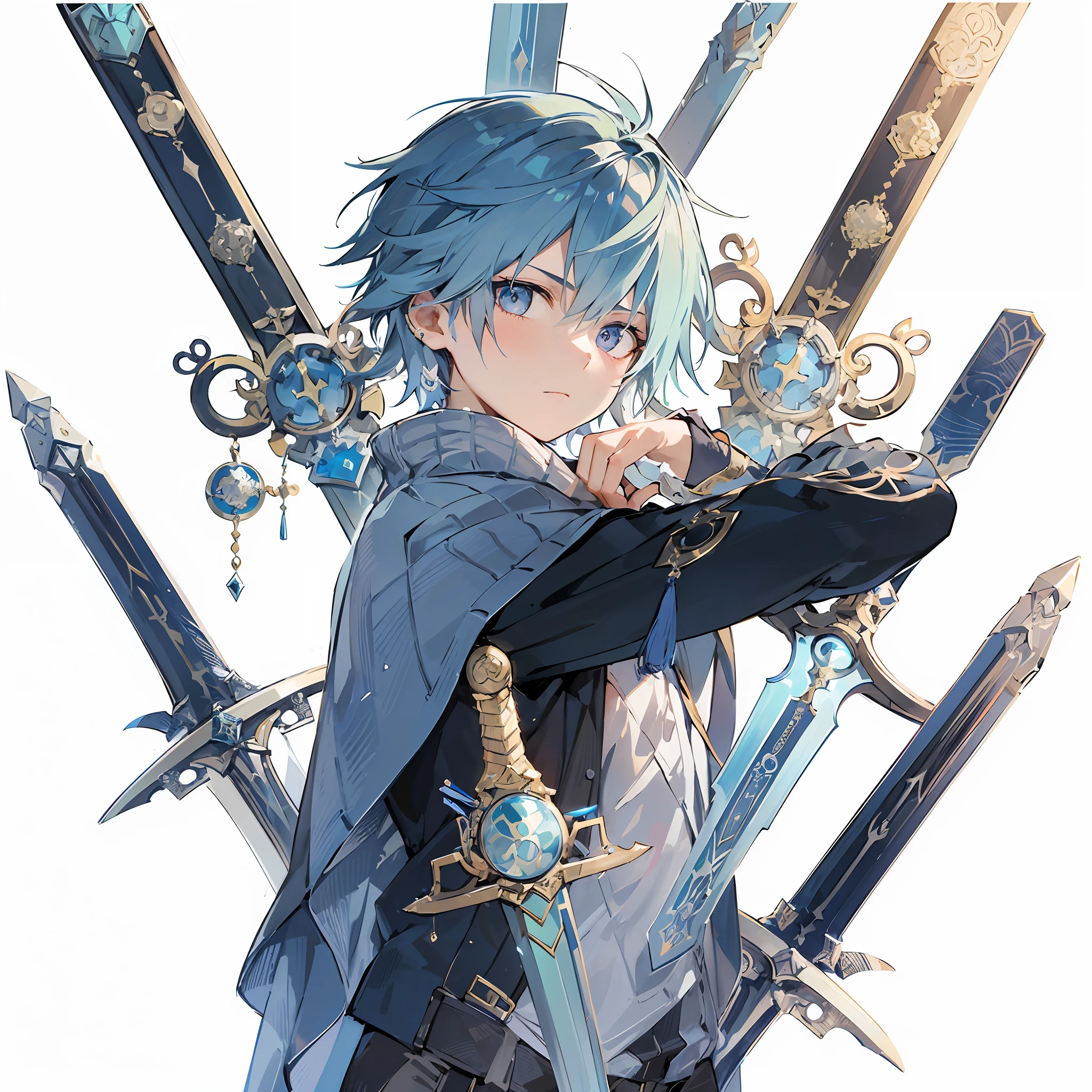 a young boy with piercing blue hair stands before you, wielding two swords of immense power: the Time Sword and the Space Sword. The intricate details of the swords are breathtaking, with ornate handles and sparkling jewels embedded within the blades. The boy's expression is stoic, but his eyes carry a hint of weariness that suggests he has had to rely on his incredible weapons many times before. In the background, you can see a swirling vortex of time and space, a reminder of the incredible power that the boy holds. The colors in the painting are predominantly cool blues and deep purples, giving the piece a sense of otherworldliness. As you look closely, you realize that the boy's clothes are in tatters, revealing a muscular build beneath. Every fiber of this painting is designed to convey strength, bravery, and a determination to protect all that is good,by Makoto shinkai