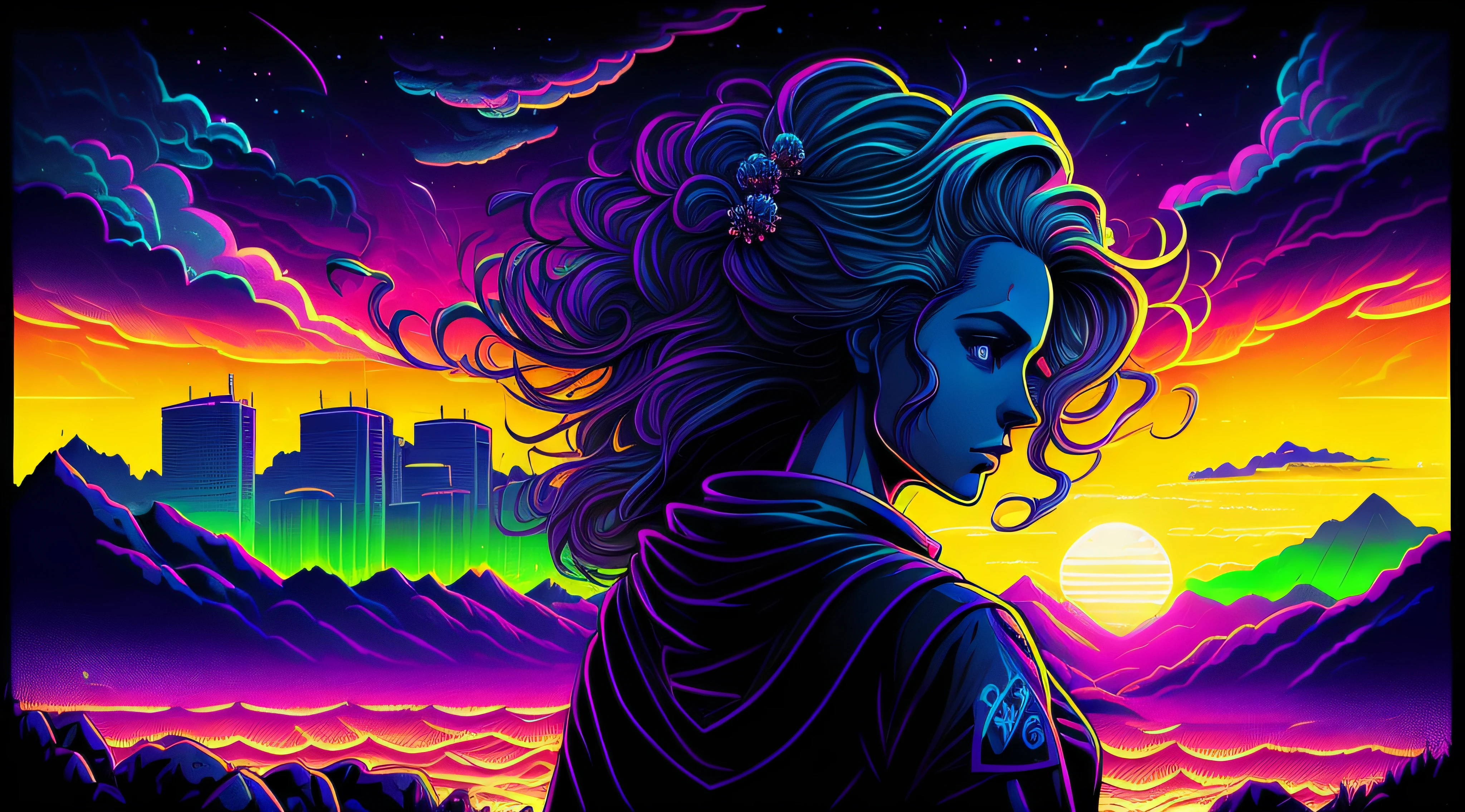 (cabelos escuros:1.2)|(cabelos pretos:1.2)|(messy hair:1.0),(Mulher linda de frente:1.5),nuvens escuras:0.5,Synthwave:1.2(uma grande cidade com altos arranha ceus ao fundo), (close-up de frente), obra-prima, melhor qualidade, neon lighting, (retrato), 8k.
