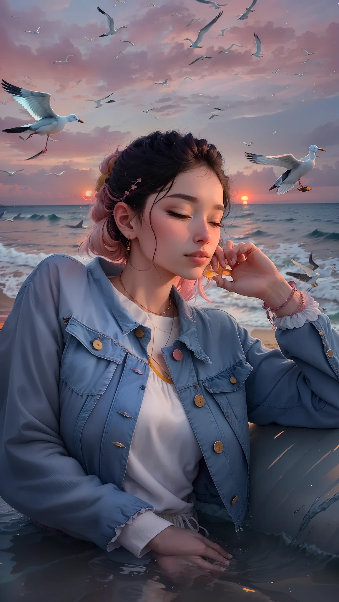 An absolutely mesmerizing sunset on the beach, with a mix of orange, pink, and yellow in the sky. The water is crystal clear, gently kisses the coast, and the white sand is endless. The scene is dynamic and breathtaking, with seagulls soaring high in the sky and palm trees swaying softly. Immerse yourself in the calm atmosphere and let the serenity surround you.