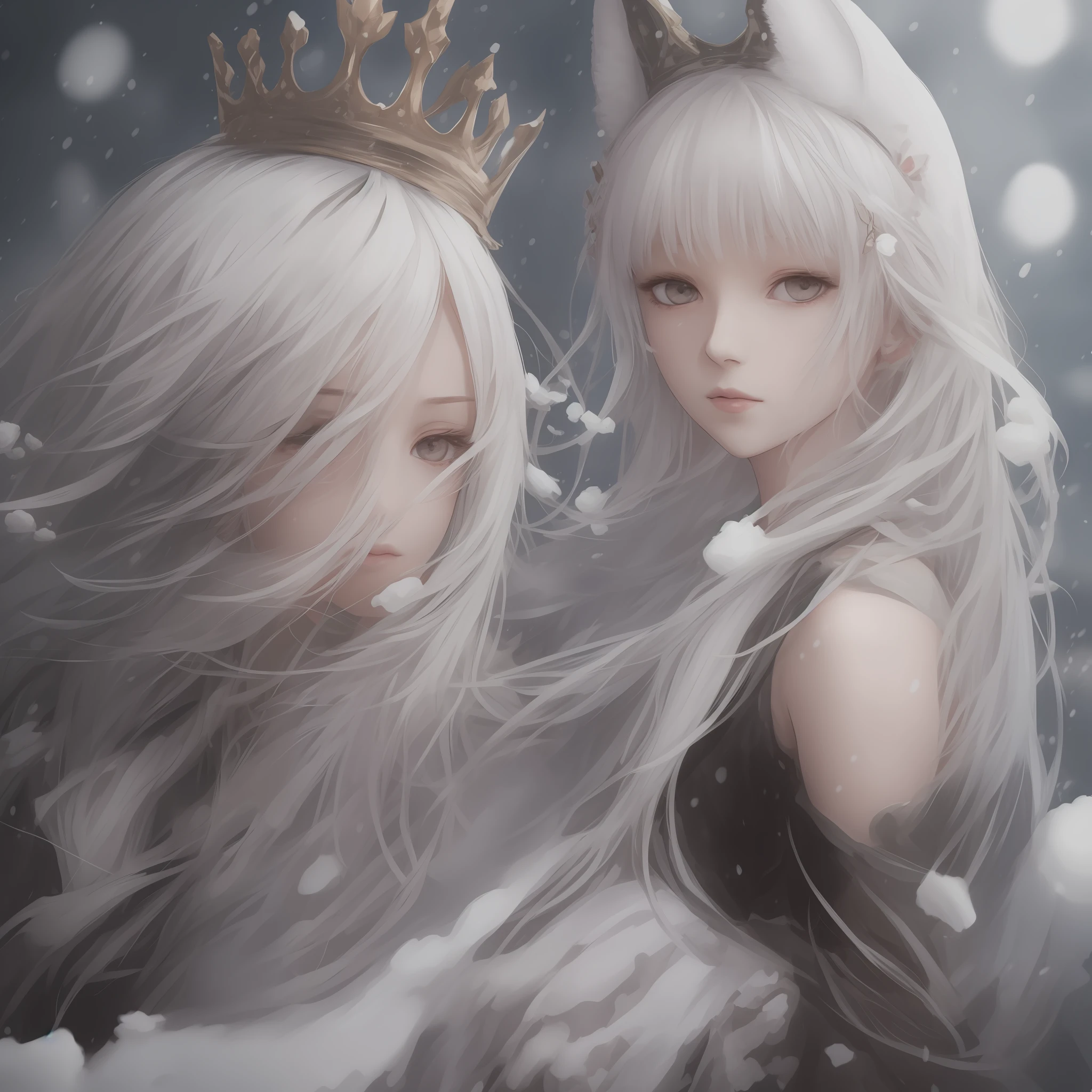 snowy day, flower  sea, white hair, long hair, hair spread out, forehead mark, crown, animal ears, anime, high detail, 16k, highres, best quality, high details --auto