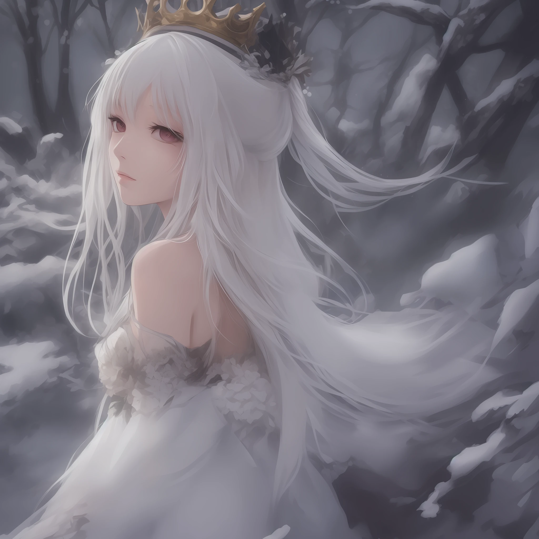 snowy day, flower  sea, white hair, long hair, hair spread out, forehead mark, crown, animal ears, anime, high detail, 16k, highres, best quality, high details --auto