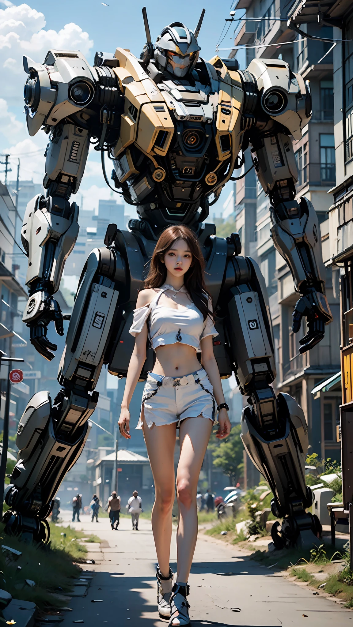 ((Masterpiece, Best Quality)), illustration, highly detailed 8K, realistic focus, professional lighting, intricate details, large mechanical robot structure, microchip, computer, luminous effect, shitu-mecha, 1girl standing in front of the viewer, navel.