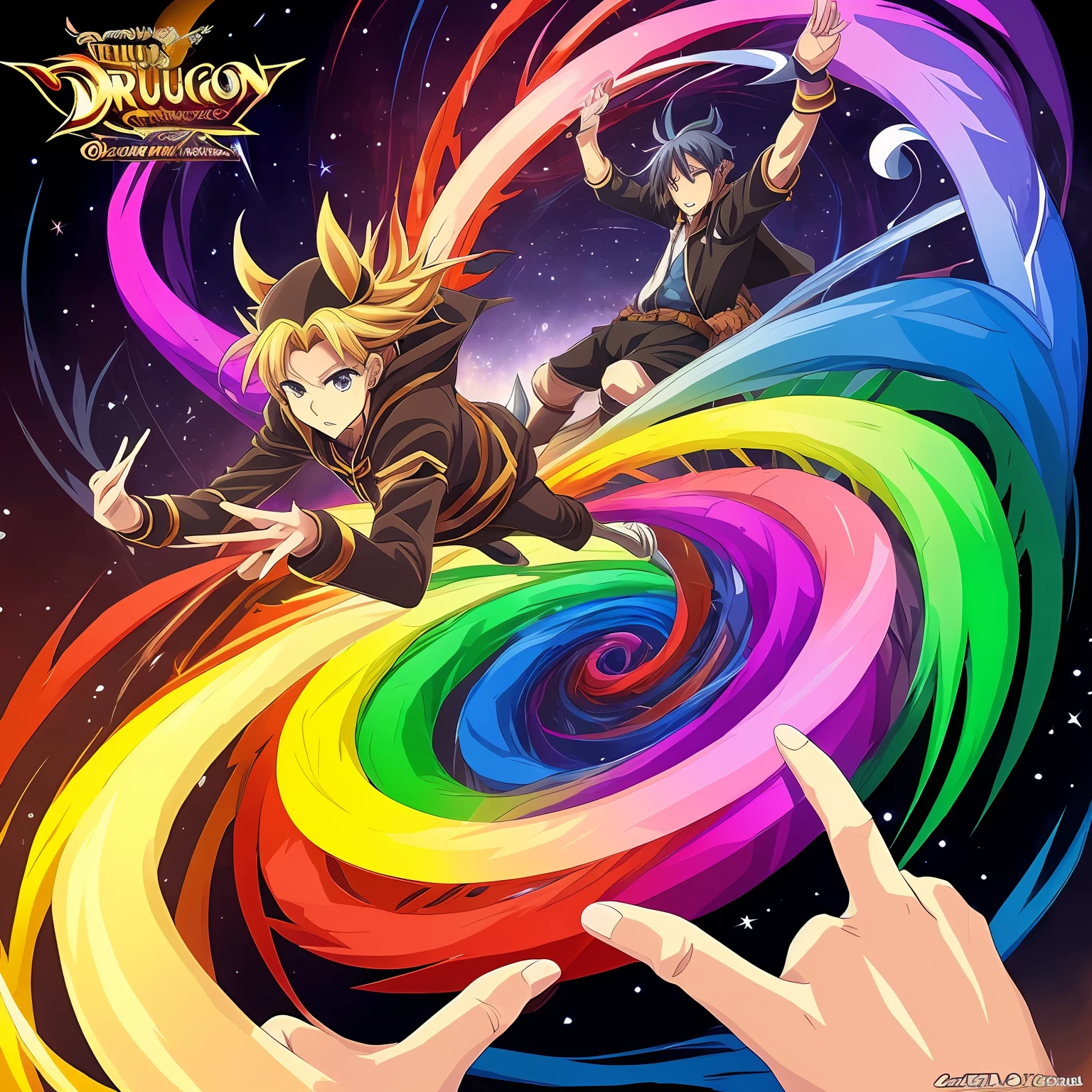 Dugeons e Dragon , ficha de personagem com foto e detalhes intrinsecos ,(((Rudeus))),((Obra-prima do anime))), Concentrating multicolored rainbow magic in the hands, vortex, espiral, trangulo, particuls, (sentado), ambiente de fantasia, (((rindo))), --auto