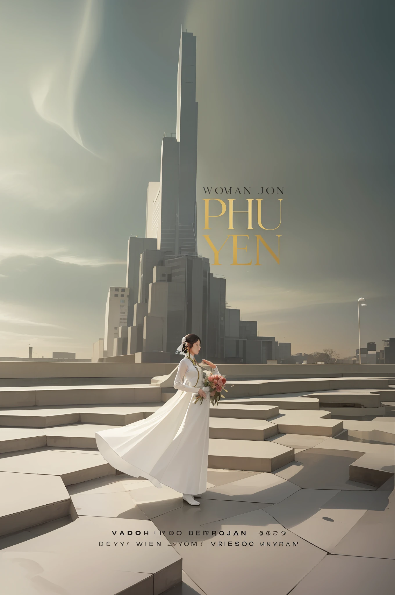 a woman in a white dress standing on steps in front of a tall building, by Ruth Jên, phuoc quan, album cover, album cover!, profile picture 1024px, ao dai, new album cover, in style of joel meyerowitz