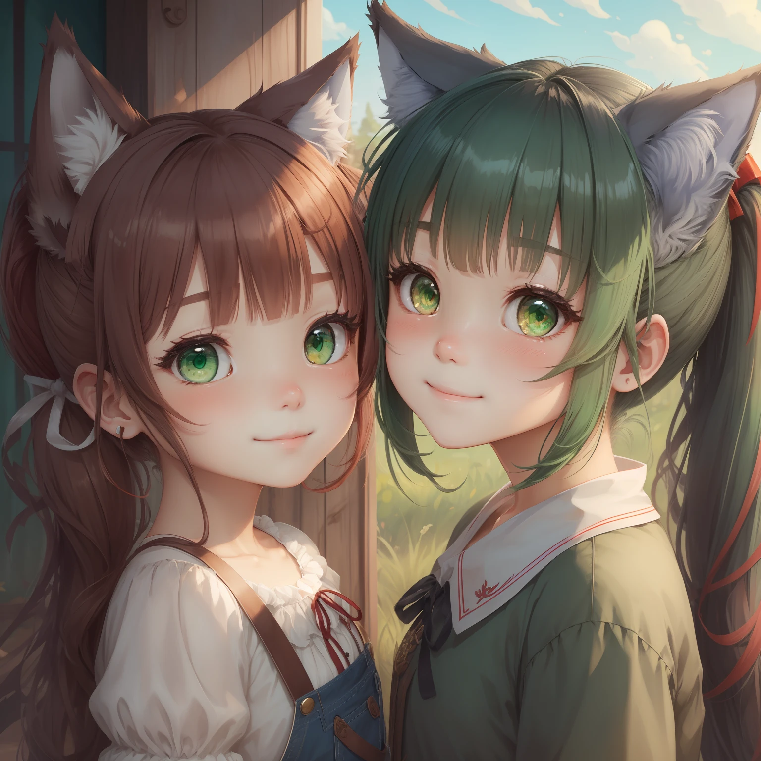 ((Wolf-eared loli),(large green eyes),(Cute bangs),(Liu Hai is red and dyed),ssmile,(High ponytail),(Cute animal ears),Flushed cheeks)。 --auto
