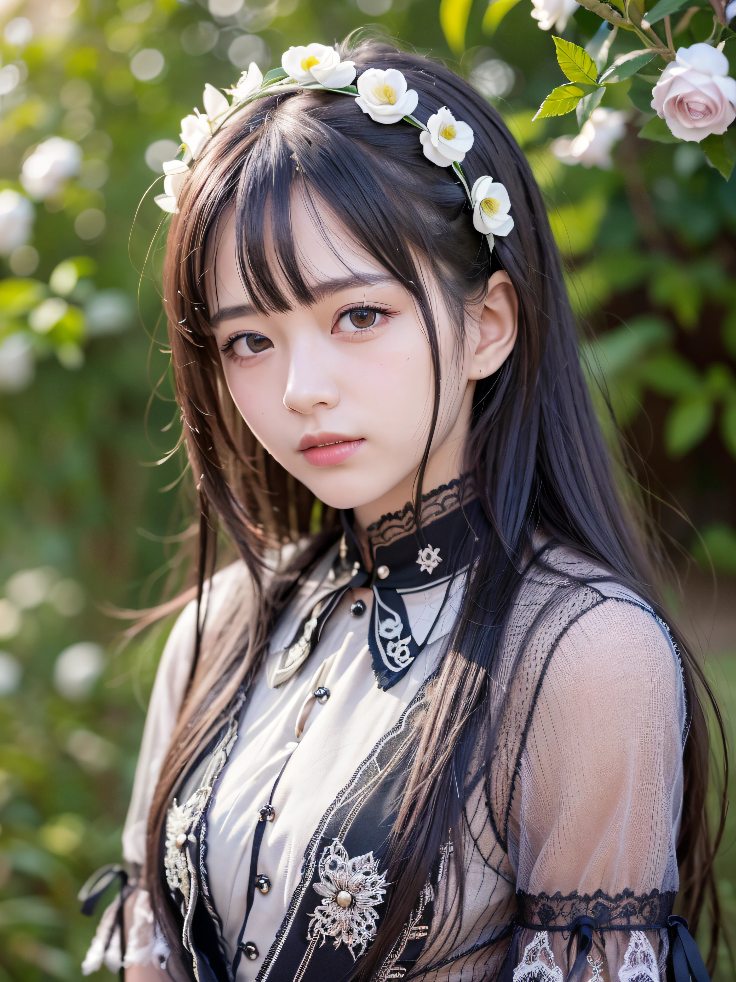 (realistic, photo realistic:1.37), incredibly absurdres, (insanely detailed:1.3), 8k, (masterpiece), (best quality:1.4), (ultra high res:1.2), (raw photo:1.2), (unity 8k wallpaper), 1 nogizaka girl, utterly cute, (bishojo:1.35), (:1.4), ((alice and the pirates fashion)), delicate detailed beautiful dress, hair accessory with blue rose, an exquisitely detailed and beautiful face and eyes and skin, detailed black shine hair, smile at the camera, cowboy shot, gardens of petit trianon, farmhouse, ultra detailed background, professional lighting