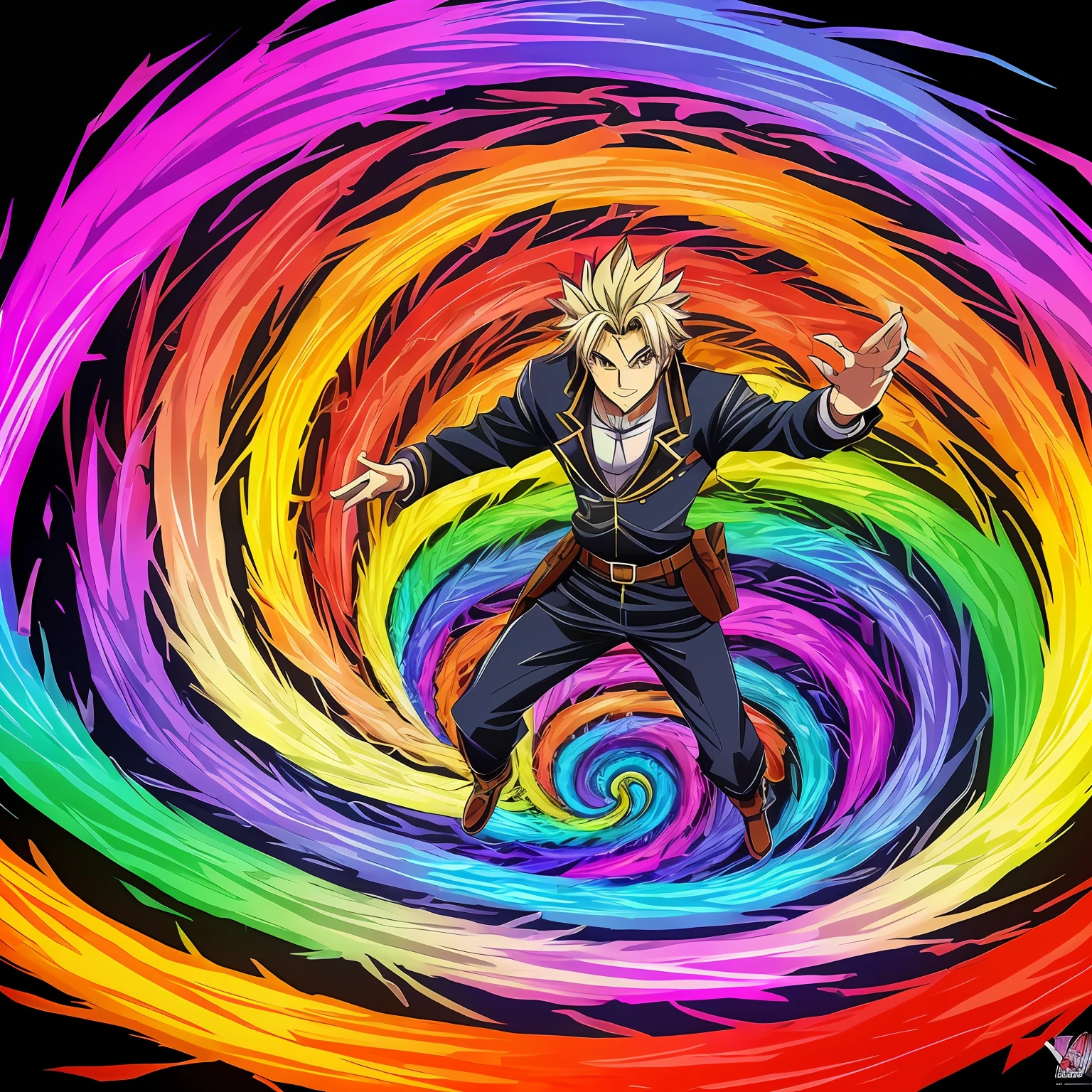 Dugeons e Dragon , ficha de personagem com foto e detalhes intrinsecos ,(((Rudeus))),((Obra-prima do anime))), Concentrating multicolored rainbow magic in the hands, vortex, espiral, trangulo, particuls, (sentado), ambiente de fantasia, (((rindo))), --auto