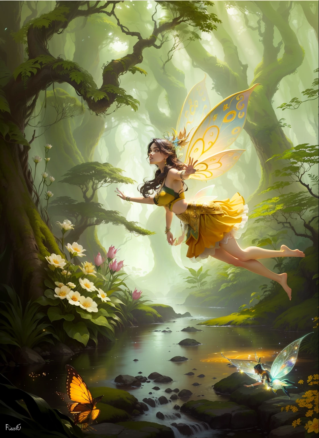 A Painting Of A Fairy Flying Over A Stream In A Forest SeaArt AI