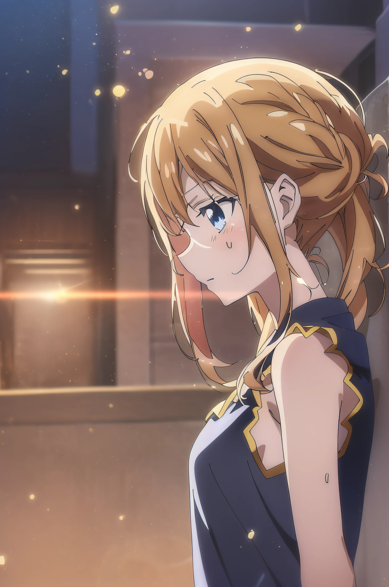 (top-quality,animesque,Anime Art Style,:1.5), Slender 13 year old girl, Sweating,summer dress,Looking away,Sleeveless,Shines,Particles of light、nice angle、