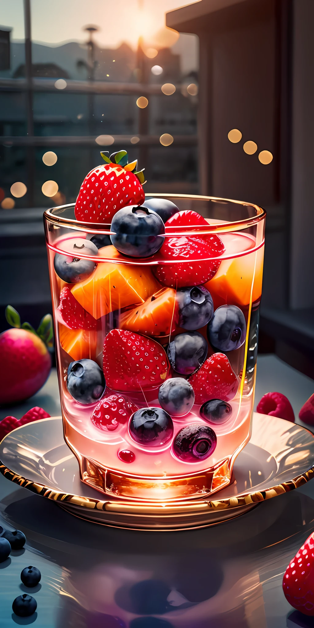 Healthy breakfast. Faceted glass, crystal, mother-of-pearl overflows, sun glare, Different play of light,  Muesli and berry yogurt, CocktailWorld, scenery, landscape, Street, Depth of field , ((blurred background)), Masterpiece, Best Quality, ultra detail, (((Multi-layered jelly))) glass, stained glass windows, Multi-colored highlights, tmasterpiece, Top Quality, Experience, Chic, Boho-chic, a gold, utensil, kettle, a cup, plate, crystals, with floral print,1 glass of milk (can be cow's milk, vegetable milk or yogurt) 1 teaspoon vanilla extract of your choice (optional) Chopped fresh fruits (For example, strawberries, kiwi, mango, blackberry, raspberry, cherry, carambola, blueberries, etc.) Marengo,