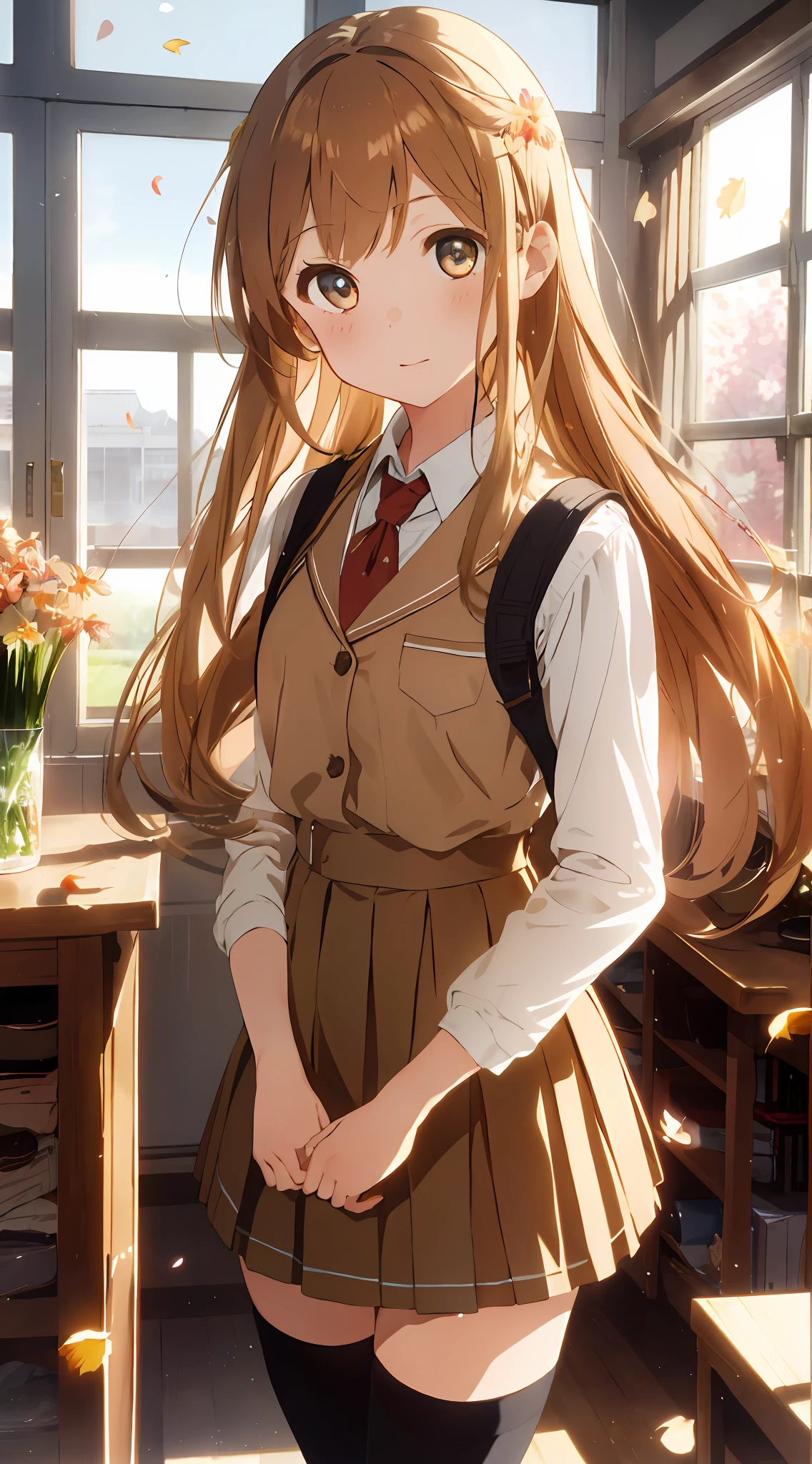 1girl, beautiful detailed eyes, light brown eyes, school uniform, skirt, vivid, flower, daffodil, hyacinth, falling petals, long light blonde hair, high black stocking, high contrast, ((masterpiece, best quality)), cinematic light, cinematic composition
