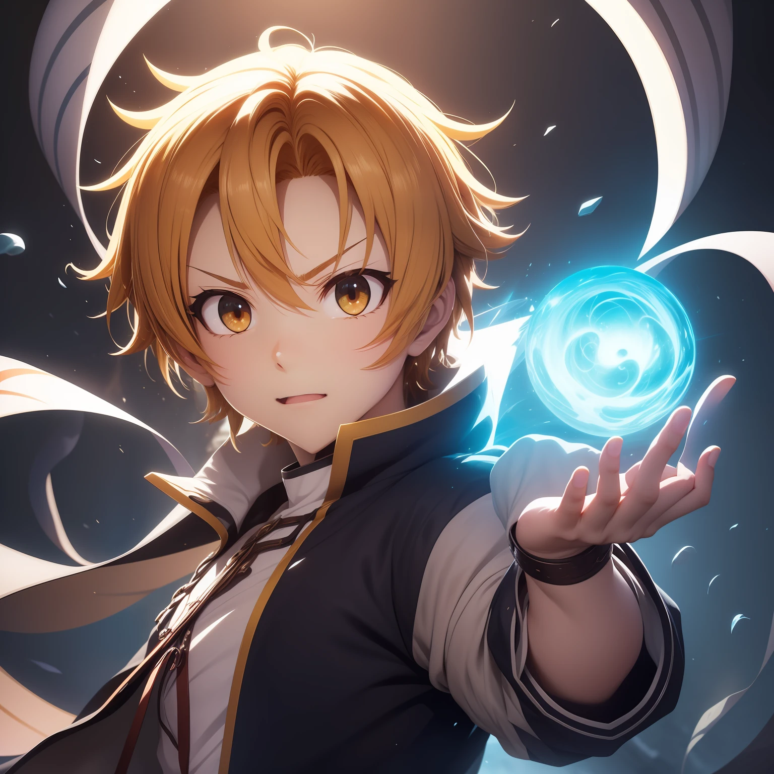 Dugeons e Dragon , ficha de personagem com foto e detalhes intrinsecos ,(((Rudeus))),((Obra-prima do anime))), Concentrating the magic of the multicolored rainbow in the hands, vortex, espiral, Trangulo, particuls, (sentado), ambiente de fantasia, (((rindo))), (((solo)))
