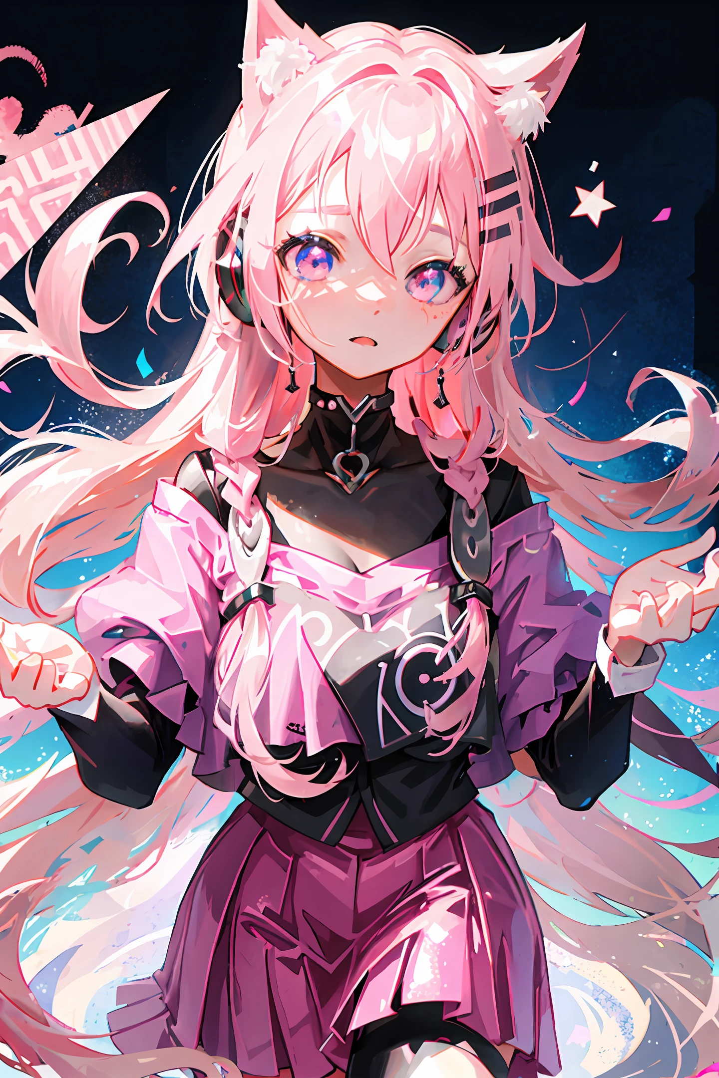 One Little Girl，The hair is pink，Long hair，The cat ears on the head come down vertically，The cat ears are pink，Big，There are also two demon horns on the head, as well as a star bow，Pink，The eyes are pink and red, and then there is pink on the neck，Headphones with a bit of white