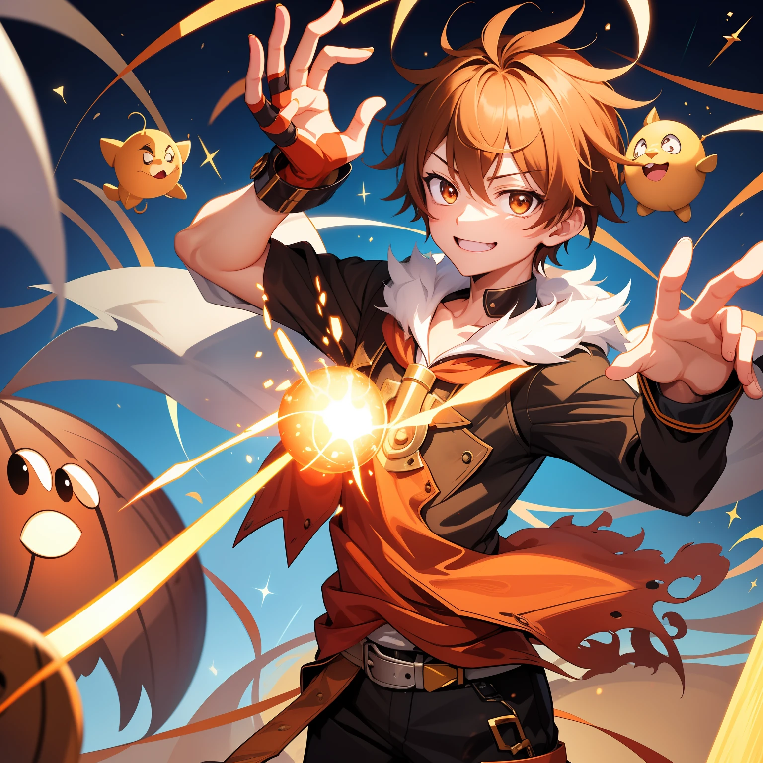 Dugeons e Dragon , ficha de personagem com foto e detalhes intrinsecos ,(((Rudeus))),((Obra-prima do anime))), Concentrating the magic of the multicolored rainbow in the hands, vortex, espiral, Trangulo, particuls, (sentado), ambiente de fantasia, (((rindo))), (((solo)))