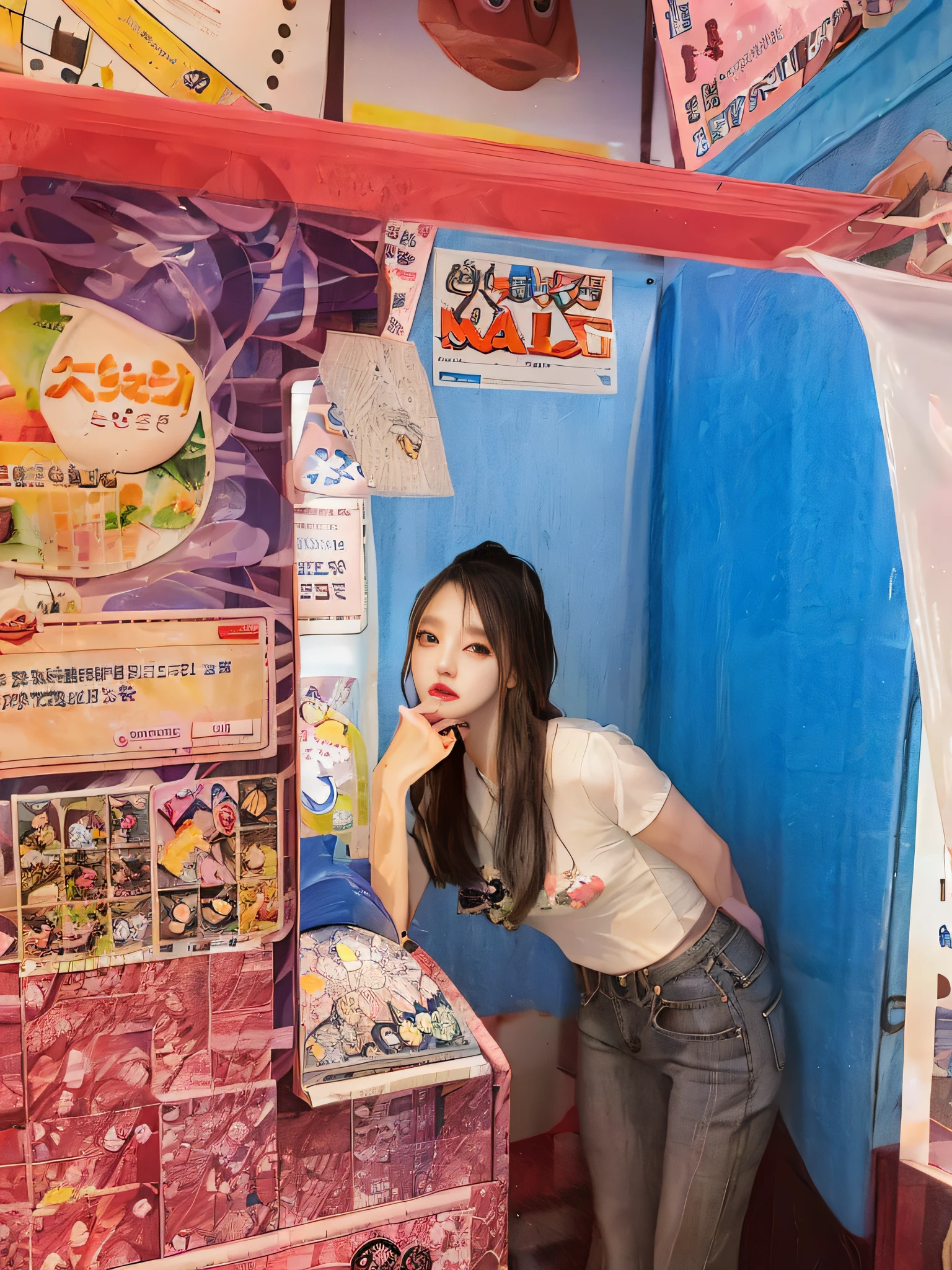 The Arad woman leans against the toy display case in the store, Booth. in the afternoon, vaporwave mall aesthetic, 😭 🤮 💕 🎀, komono, trending at cgstation, sakimichan, lofi-girl, appearing in a shopping mall, 🚿🗝📝, 8K)), lofi girl aesthetic