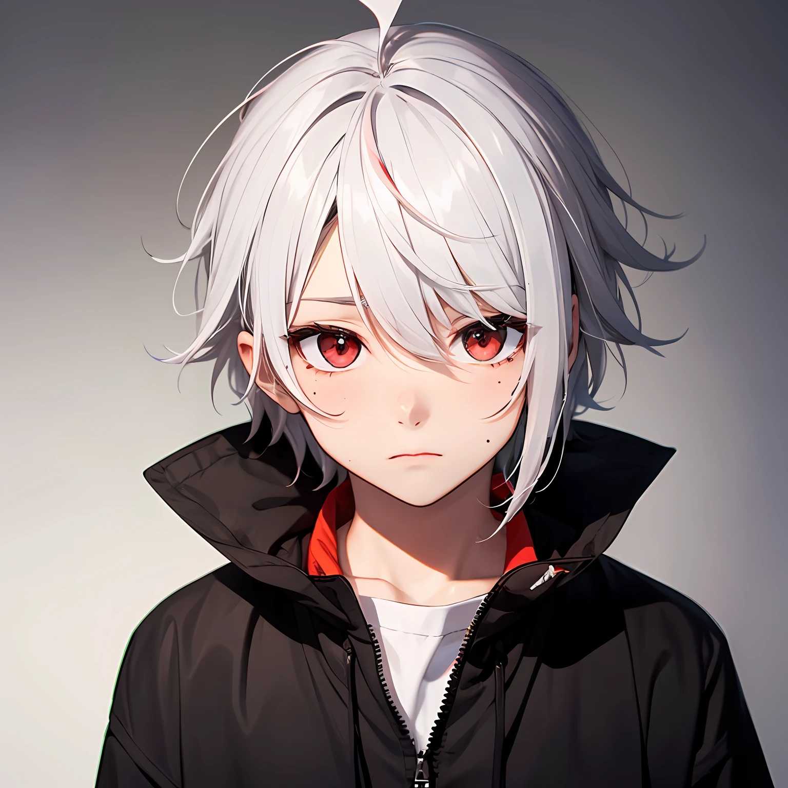 cute boy, white hair, ahoge, mole under eye, red eyes, streaked hair, shy --auto