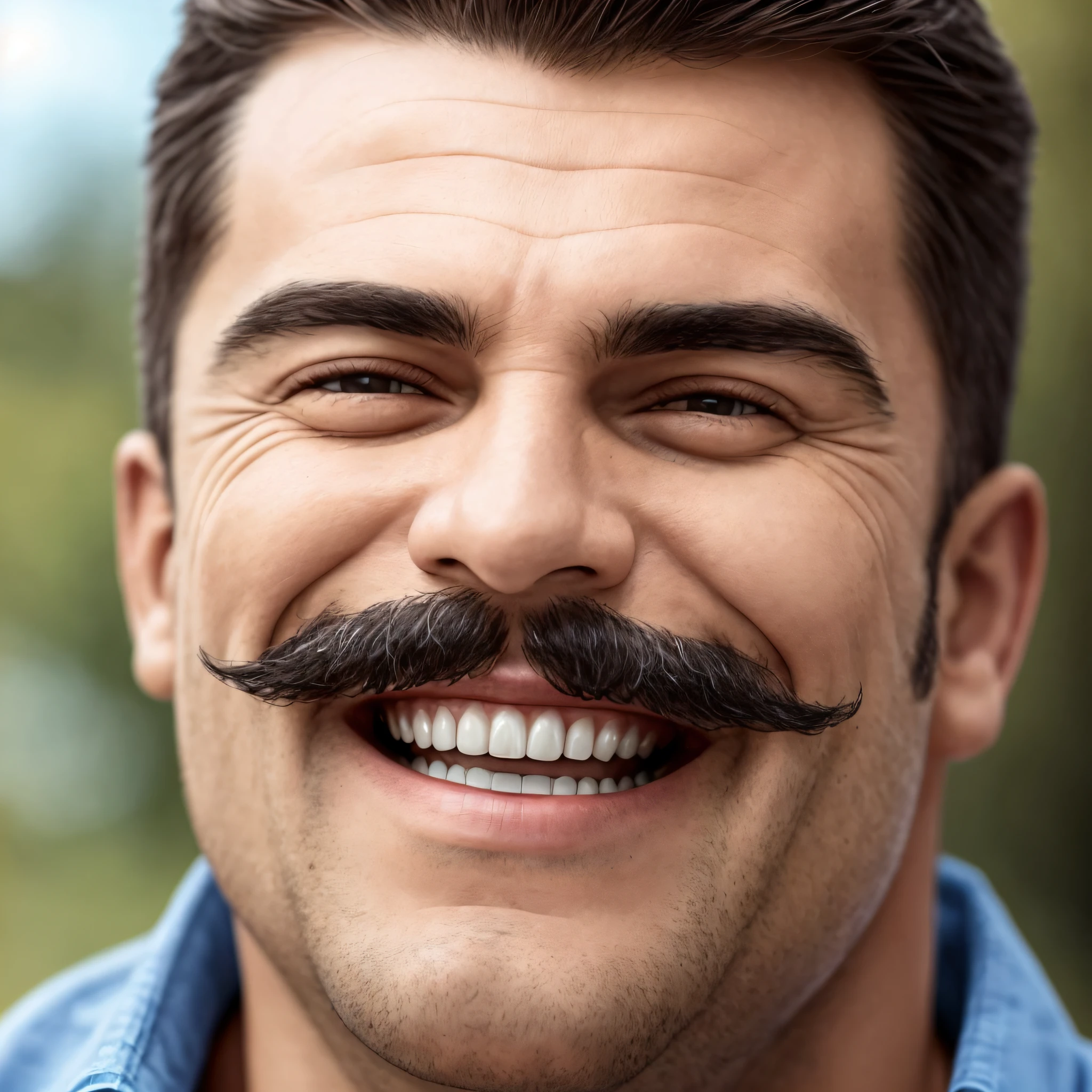 retrato frontal de um homem de 50 anos com Bigode extravagante, Ele tem um bigode espesso e cheio de curvas, que se destaca em seu rosto. Pode ser um bigode estilo "guiador" ou "guiador" that catches everyone's attention, Sobrancelhas Arqueadas, His eyebrows are naturally arched, giving him an expression of constant surprise, They are thick and seem to have a life of their own, adding a comedic touch to your face, Olhos saltados, Their eyes are large and seem to jump out of their sockets, olhosbem detalhado, ((olhos pretos bem abertos)), They have an exaggerated and shiny appearance, como se estivessem sempre prontos para surpreender ou se impressionar com algo, Nariz proeminente, His nose is large and has a peculiar shape, seja com uma ponta arredondada ou curvada, He is the center point of your face, adding a fun and unmistakable element to your appearance, queixo quadrado, His chin is wide and square, giving it a robust and funny look, Ele se destaca em seu rosto, completando a caricatura de um divertido thiozon, Rugas exageradas, Ele tem rugas profundas e exageradas, especialmente ao redor dos olhos e boca, Essas rugas se destacam no rosto e enfatizam o relaxamento, personalidade bem-humorada, sorriso contagiante, His smile is wide and endearing, Ele tem dentes bem grandes e talvez um pouco desalinhados, But this only adds to the charm of your smile and makes everyone around you smile together, (Ele tem pele oleosa e um pouco bronzeada), (((Ultra realista))), (((Ultra Detalhado))), 8k --without glasses --air 16:9 -- s 750 --auto