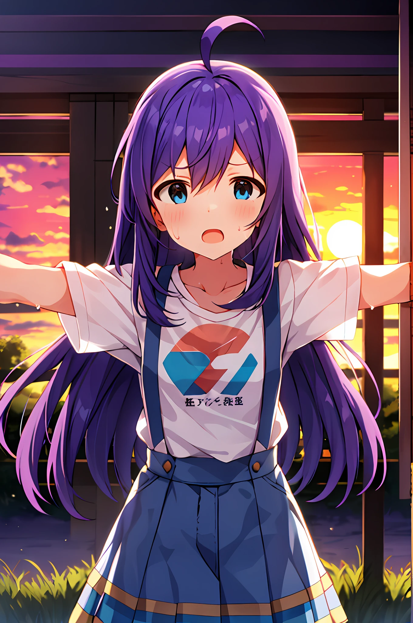 mochizuki anna,1girl in,Solo,Long hair,Purple hair,Medium chest_Ahoge,Blue eyes.Short stature.white t-shirts.suspenders.Skirt.Evening glow.the setting sun.Spread your arms.Despair face.Sweat.Opening Mouth.clench your fists.up chest.