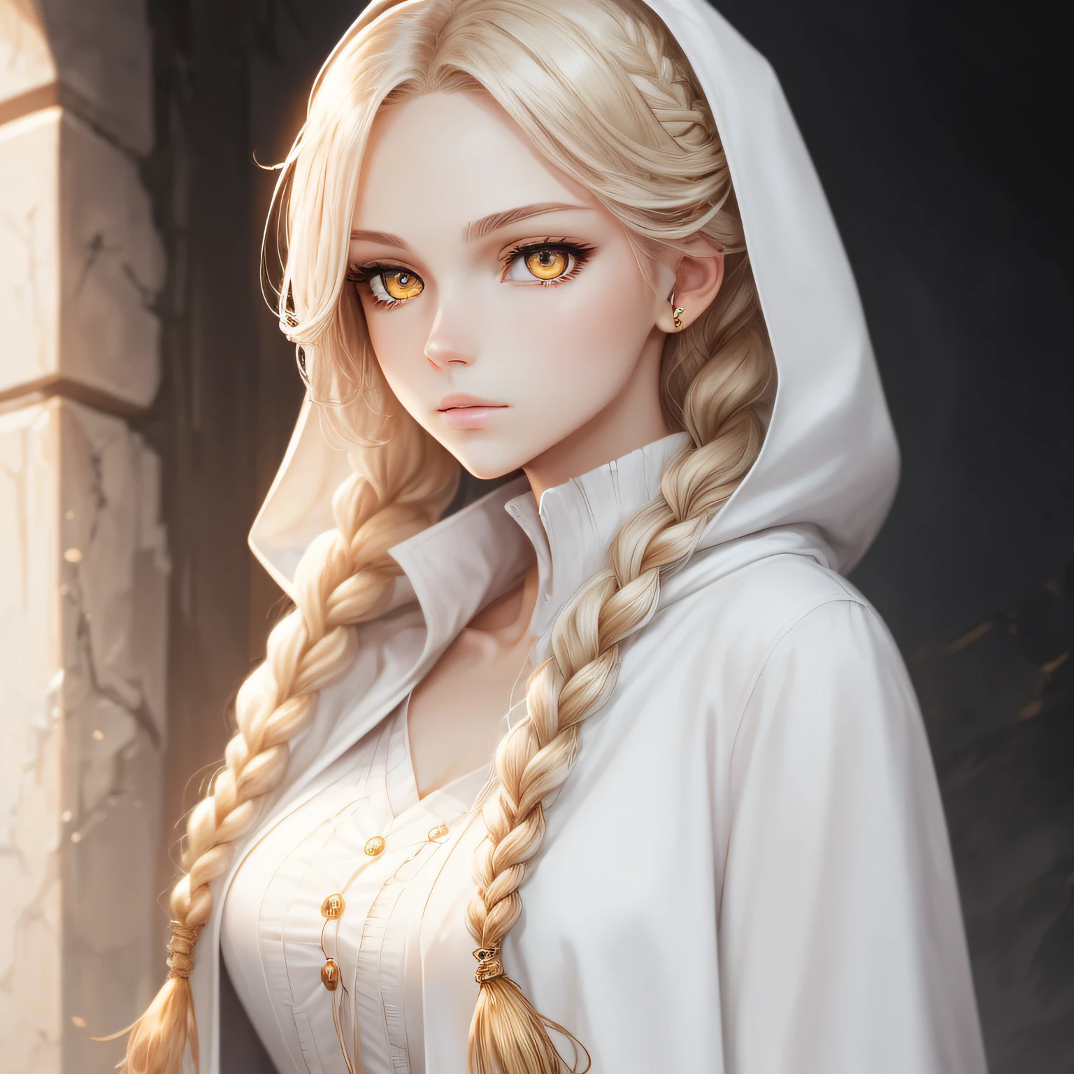 Manteau blanc,white skinned,whaite hair,long braid,Golden eyes,Look up,The upper part of the body,Need,tmasterpiece ,hyper HD --auto